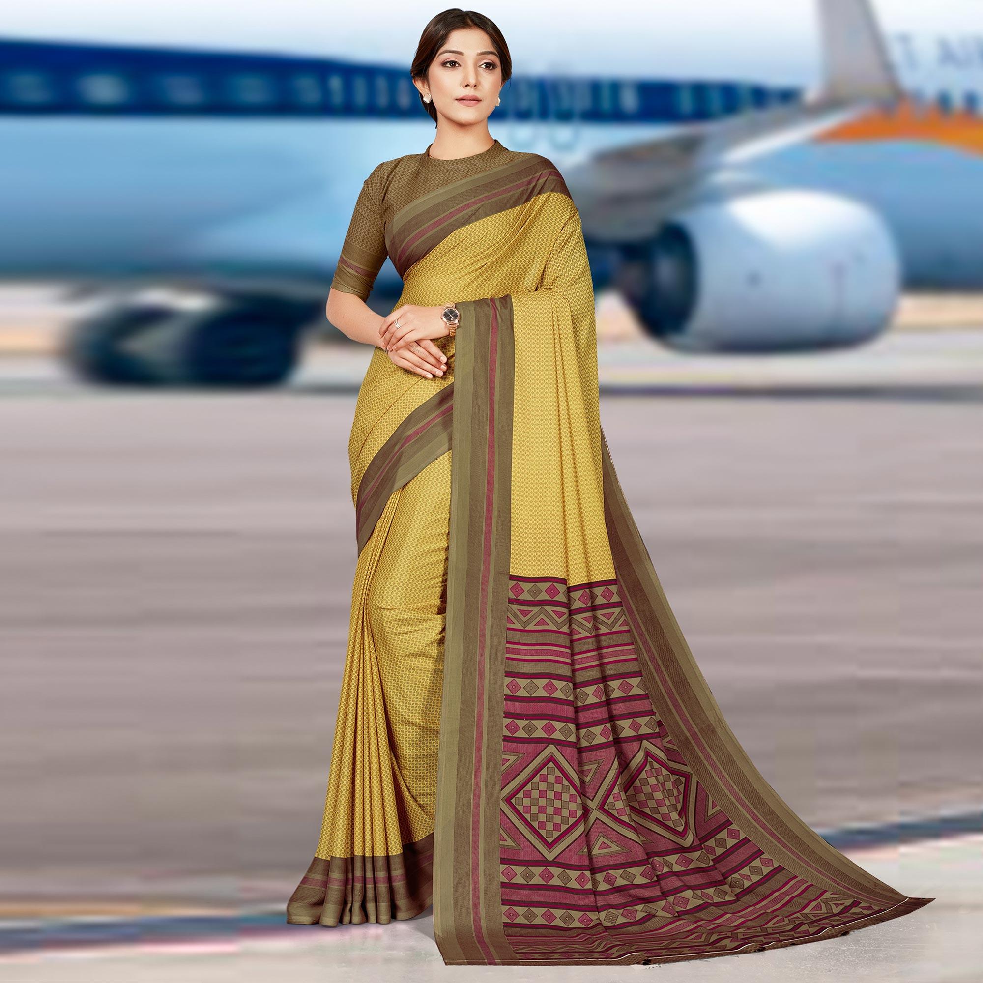 Yellow Casual Wear Printed Crepe Saree - Peachmode