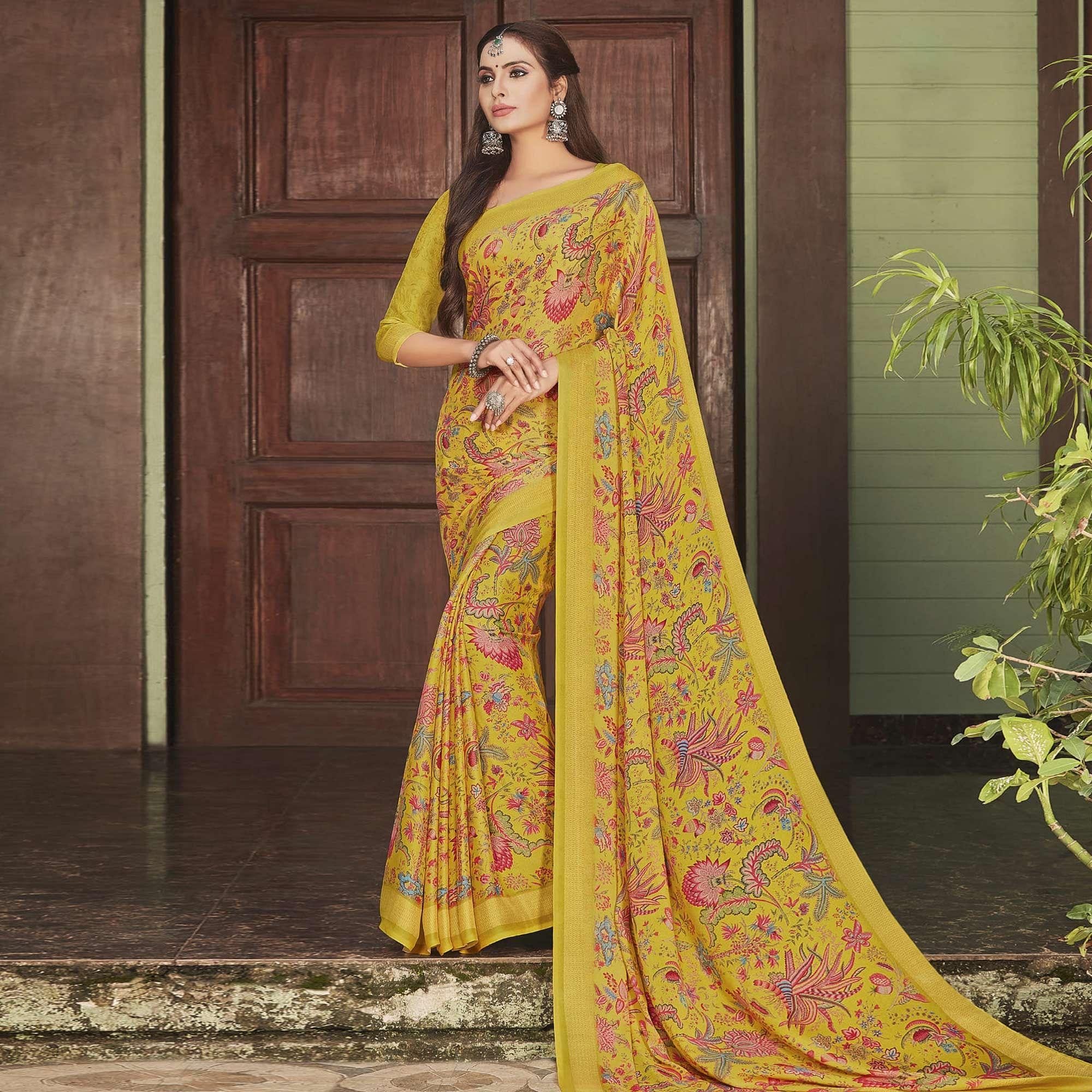 Yellow Casual Wear Printed Crepe Saree - Peachmode