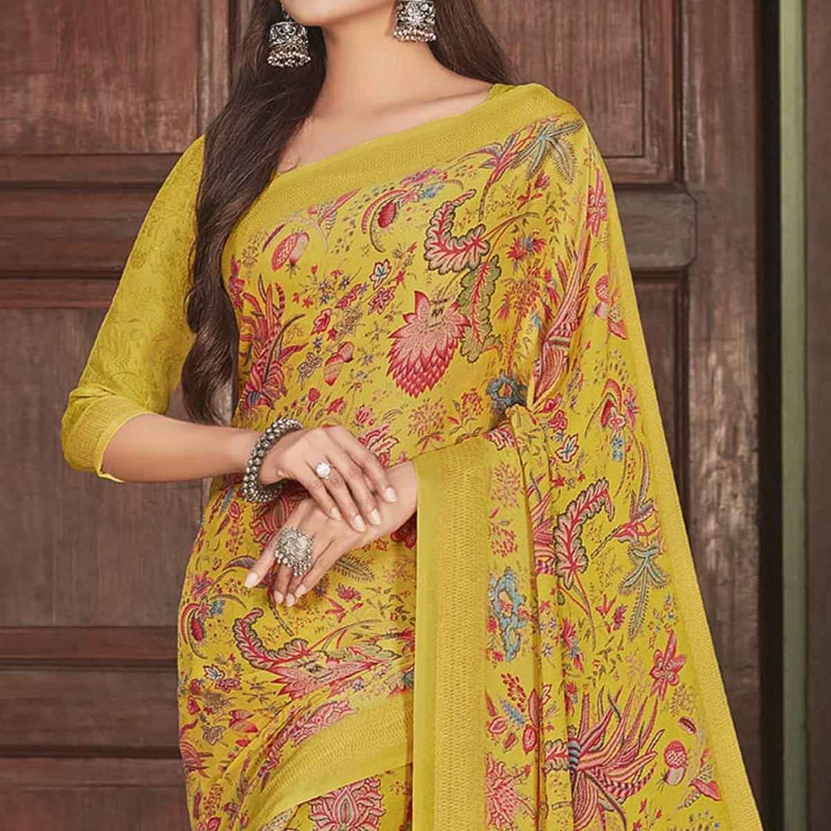 Yellow Casual Wear Printed Crepe Saree - Peachmode