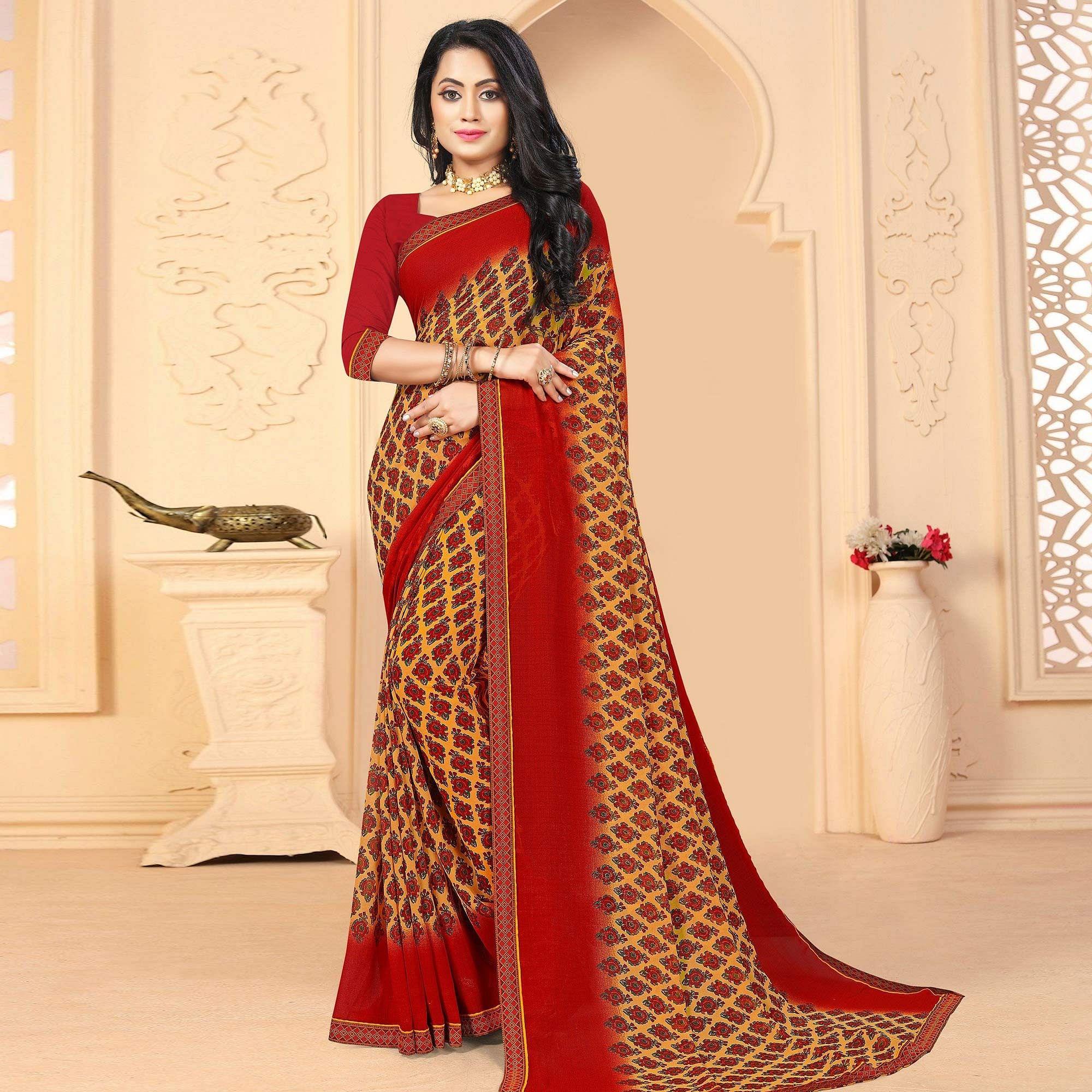 Yellow Casual Wear Printed Georgette Designer Saree - Peachmode