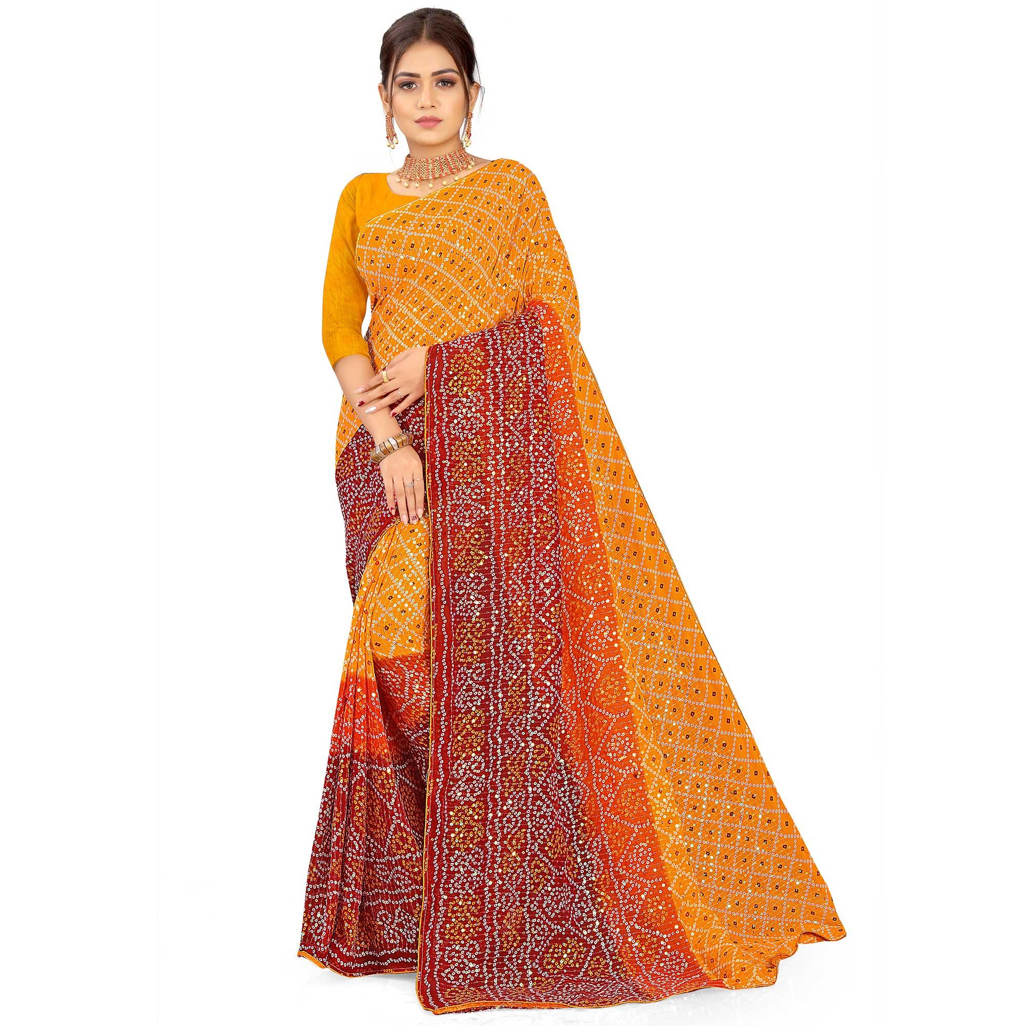 Yellow Casual Wear Printed Georgette Saree - Peachmode