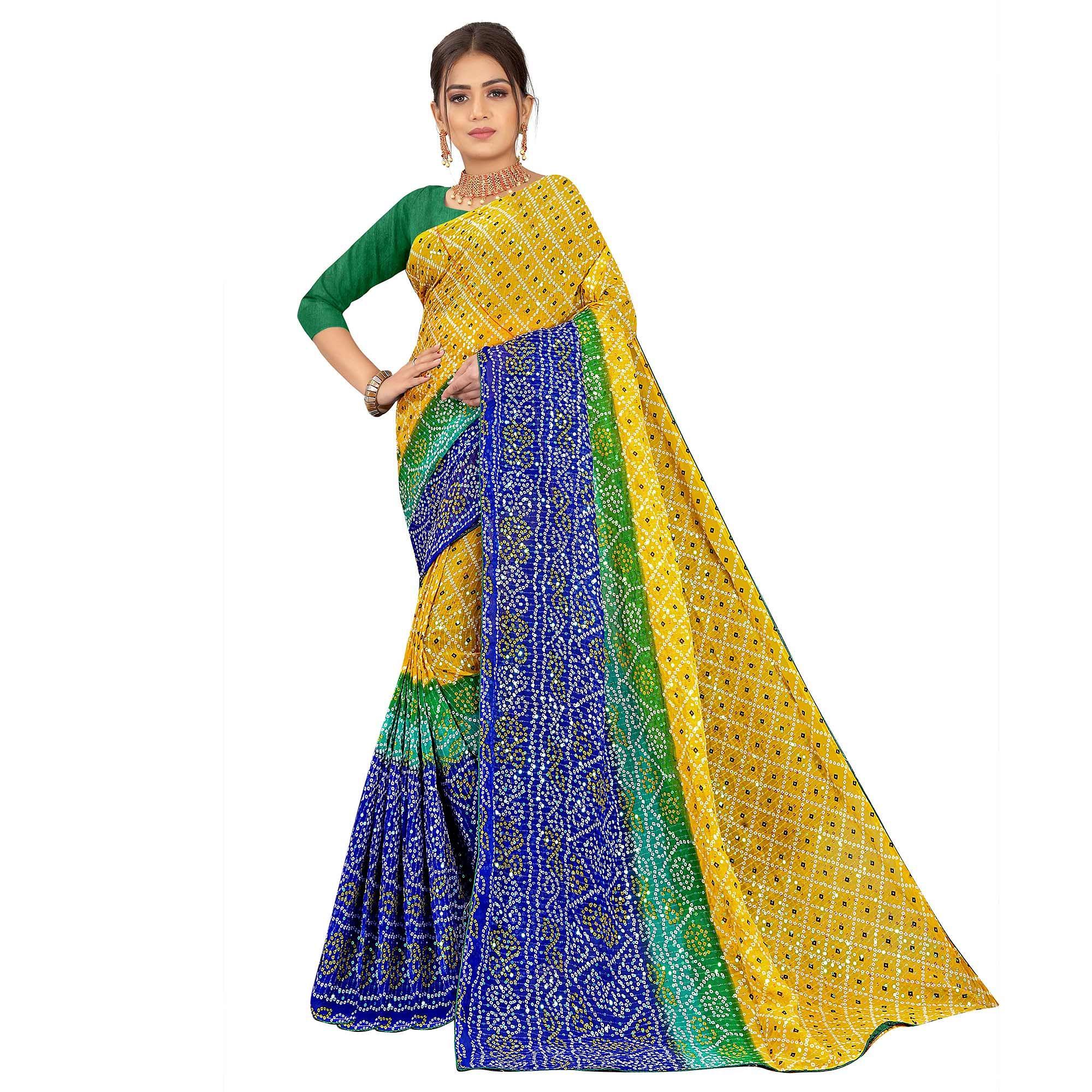 Yellow Casual Wear Printed Georgette Saree - Peachmode