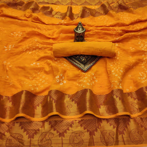 Yellow Casual Wear Printed Hand Bandhej Zari Border Pure Cotton Saree - Peachmode