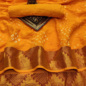 Yellow Casual Wear Printed Hand Bandhej Zari Border Pure Cotton Saree - Peachmode