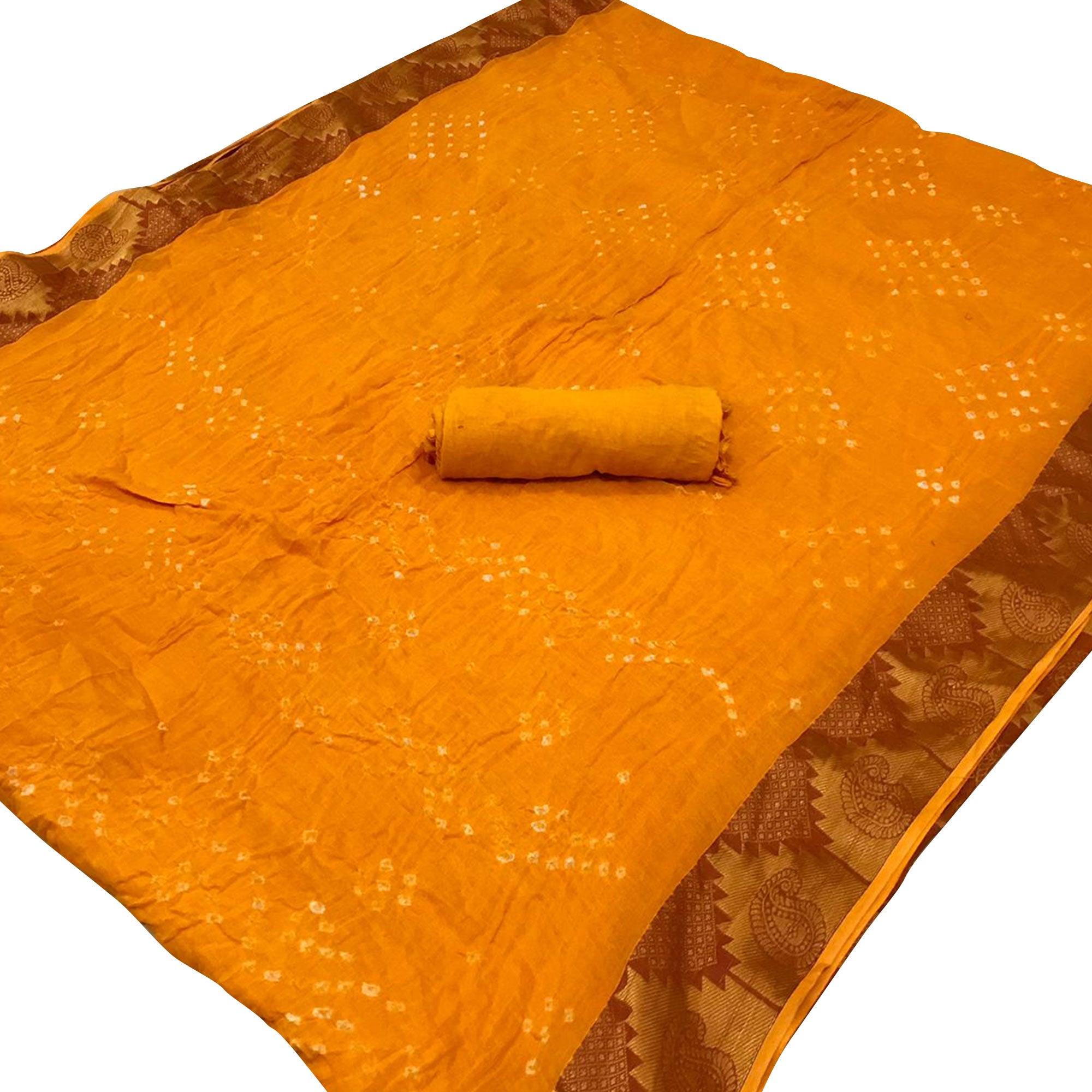 Yellow Casual Wear Printed Hand Bandhej Zari Border Pure Cotton Saree - Peachmode