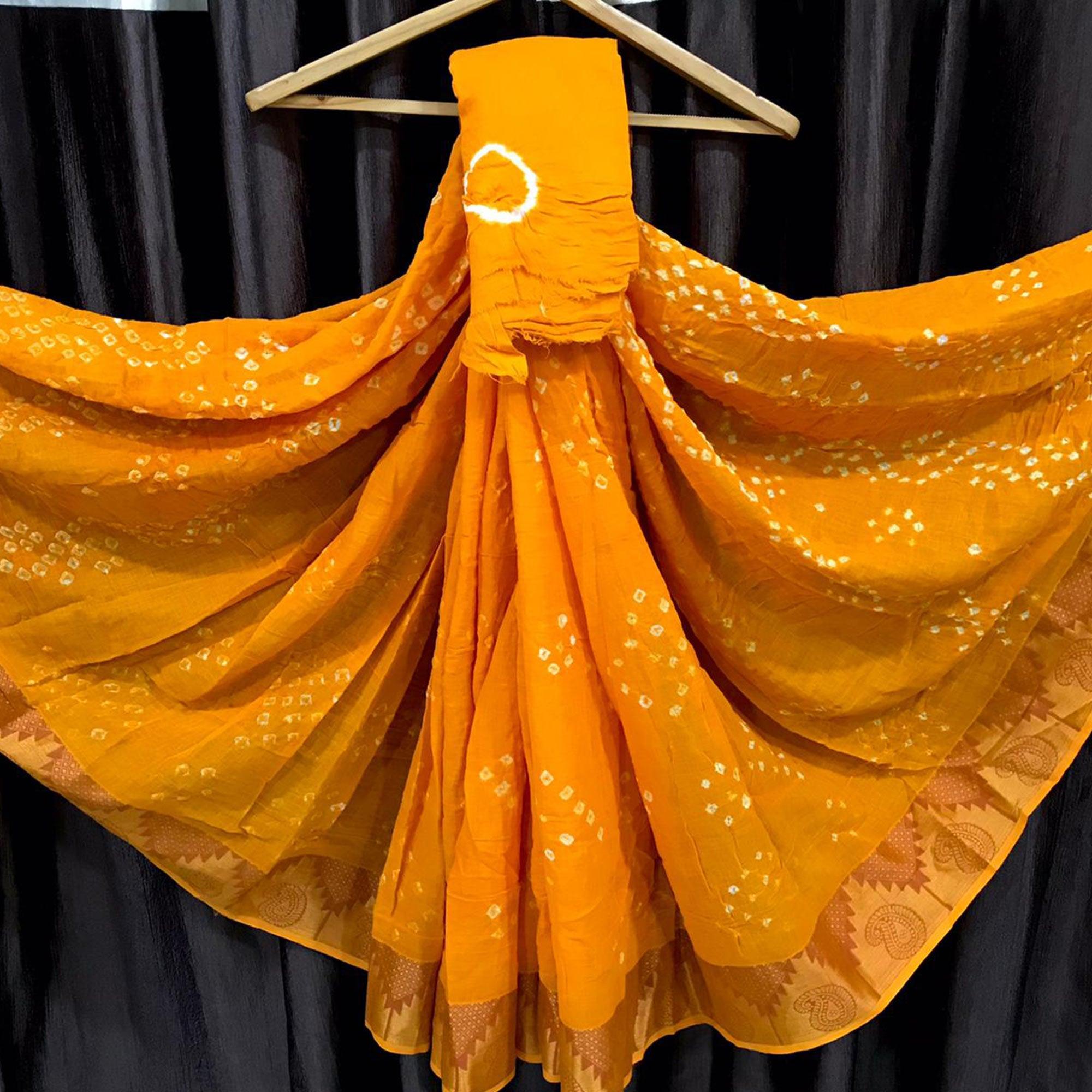 Yellow Casual Wear Printed Hand Bandhej Zari Border Pure Cotton Saree - Peachmode
