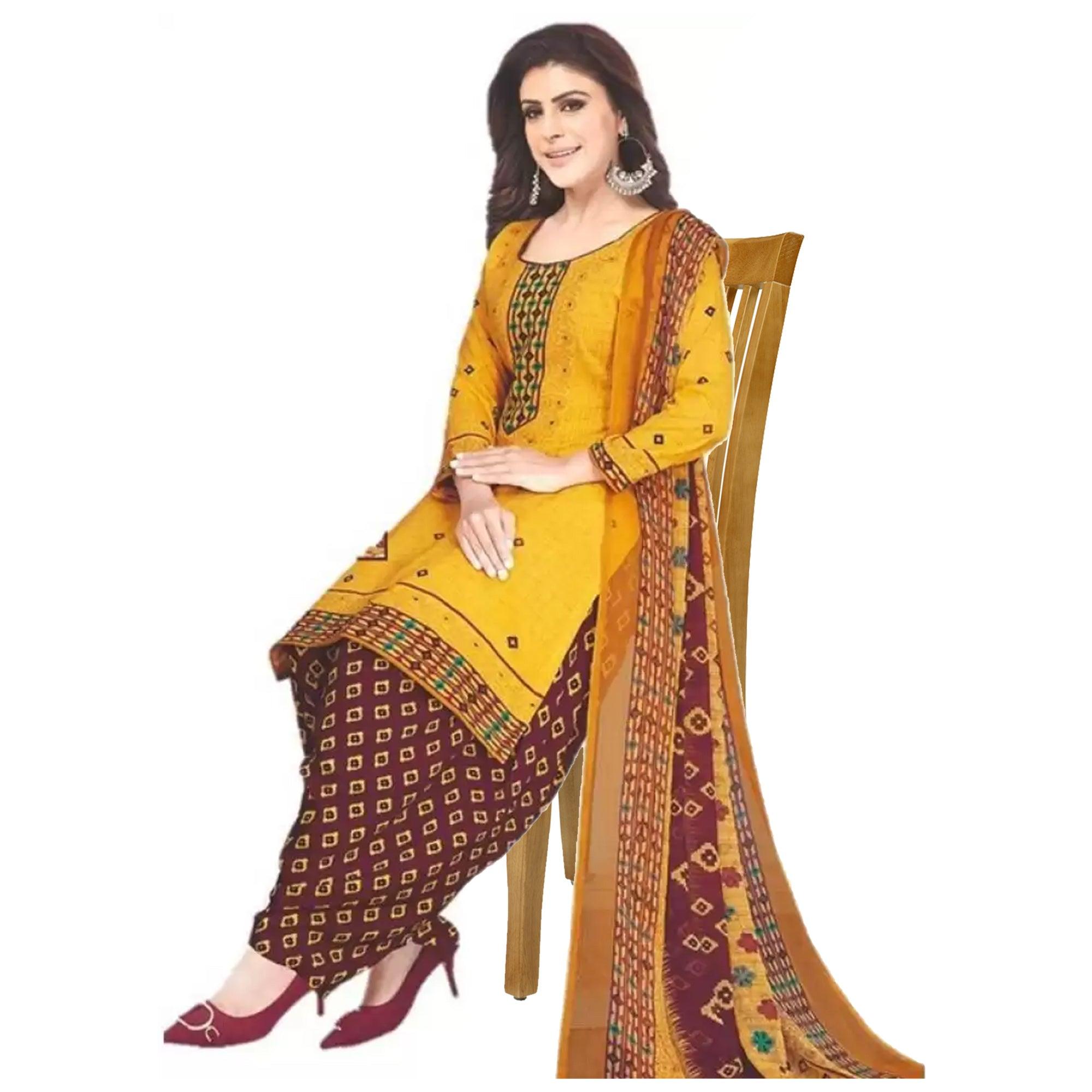Yellow Casual Wear Printed Leon Patiala Dress Material - Peachmode