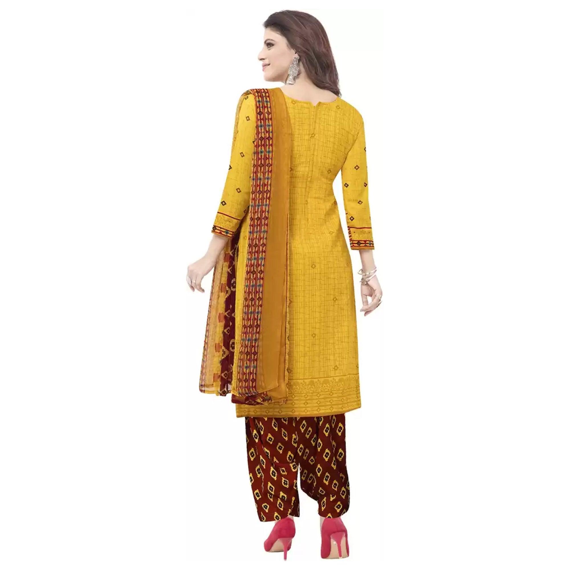 Yellow Casual Wear Printed Leon Patiala Dress Material - Peachmode