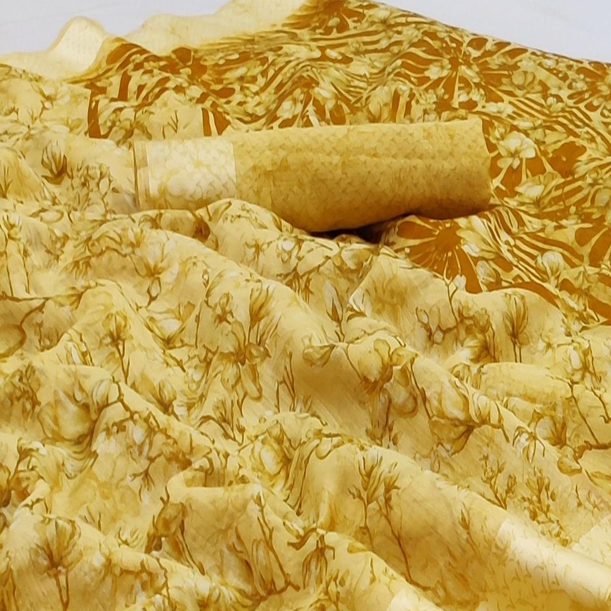 Yellow Casual Wear Printed Linen Cotton Saree - Peachmode