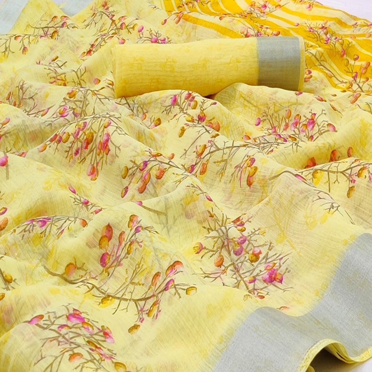 Yellow Casual Wear Printed Linen Cotton Saree - Peachmode