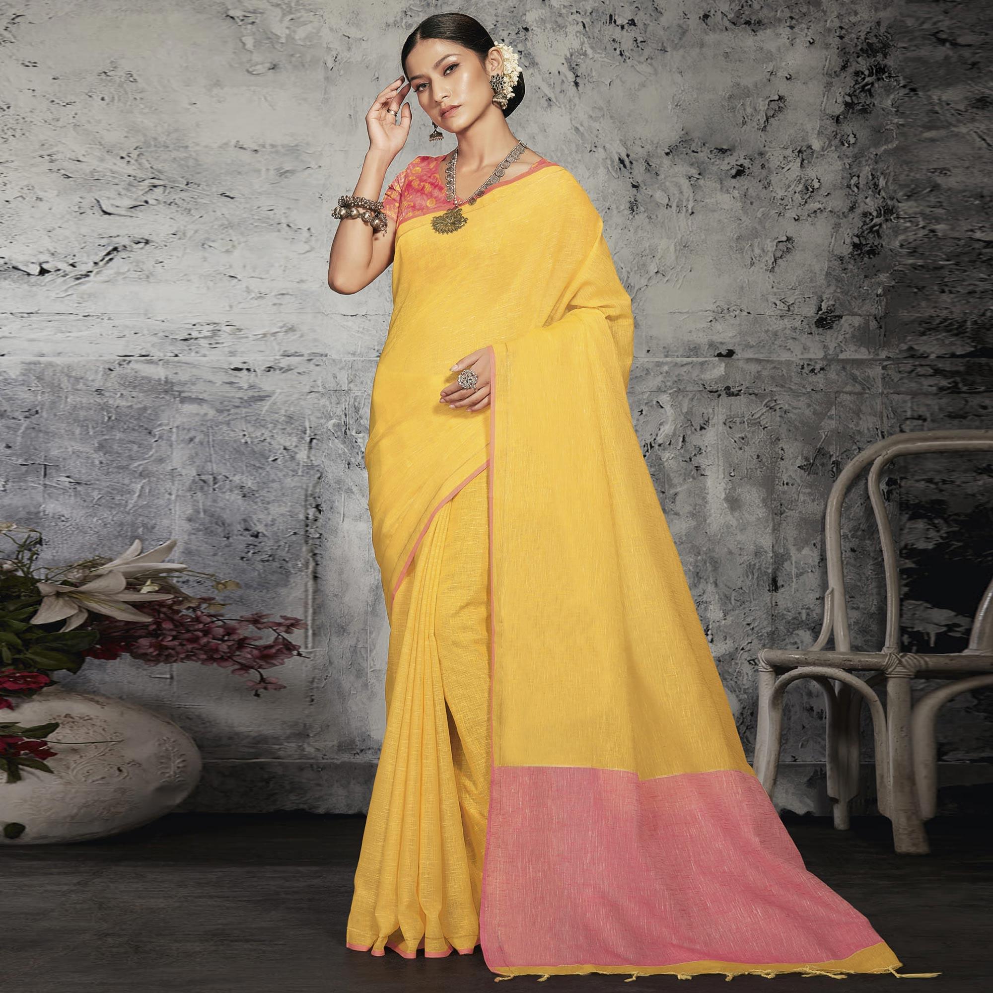 Yellow Casual Wear Printed Linen Saree - Peachmode