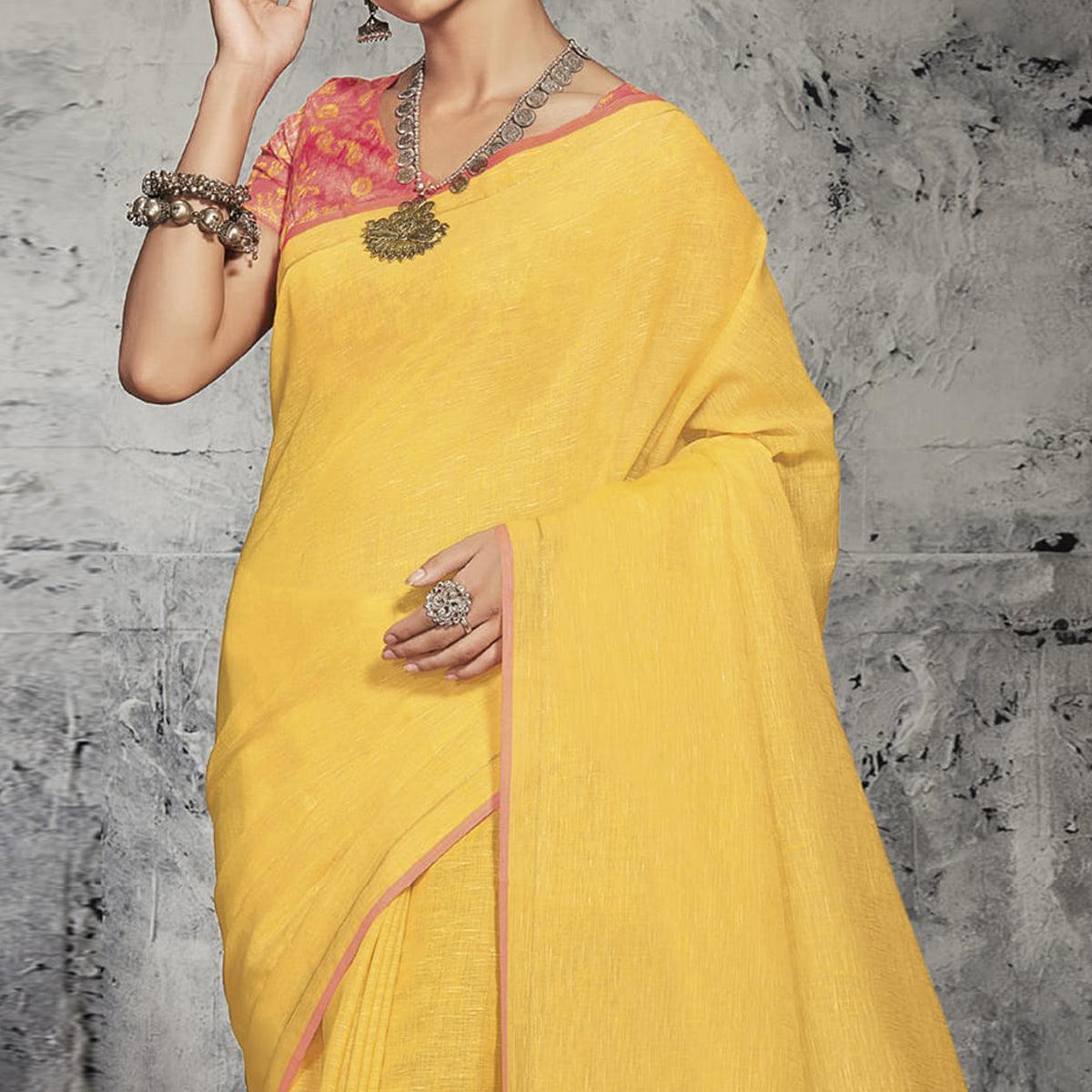 Yellow Casual Wear Printed Linen Saree - Peachmode