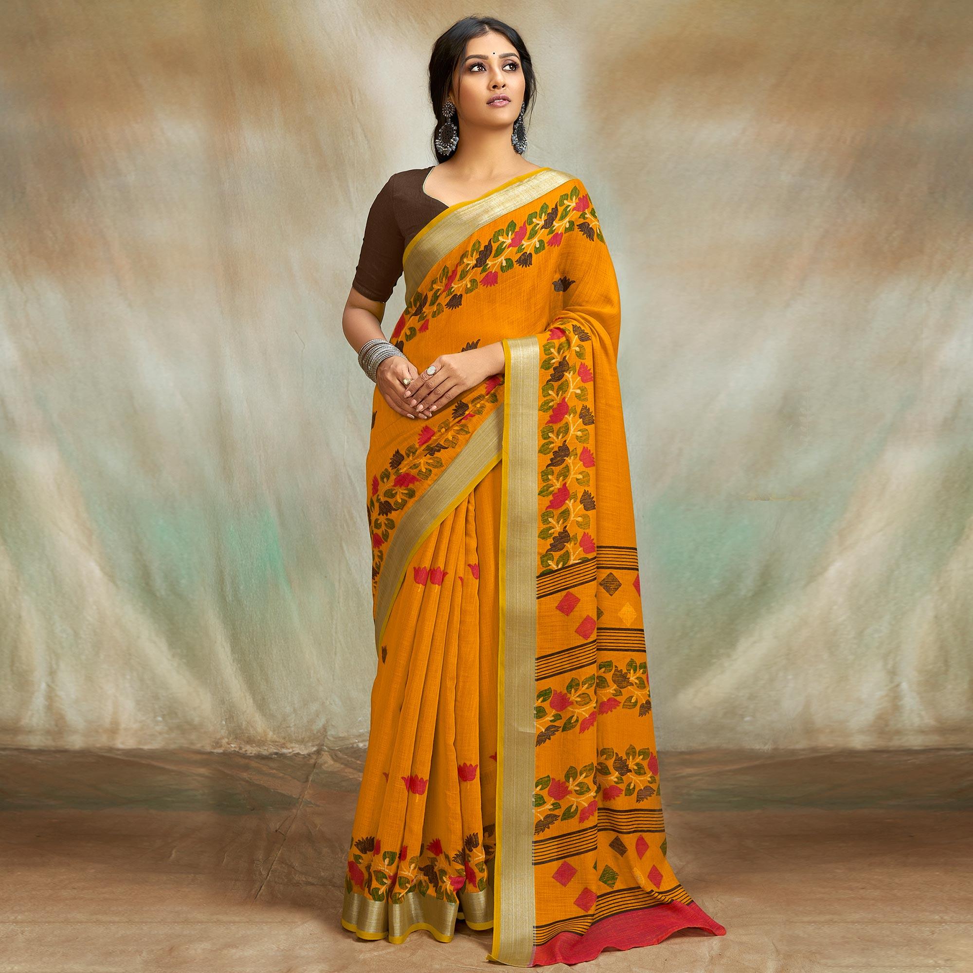Yellow Casual Wear Printed Pure Linen Saree - Peachmode