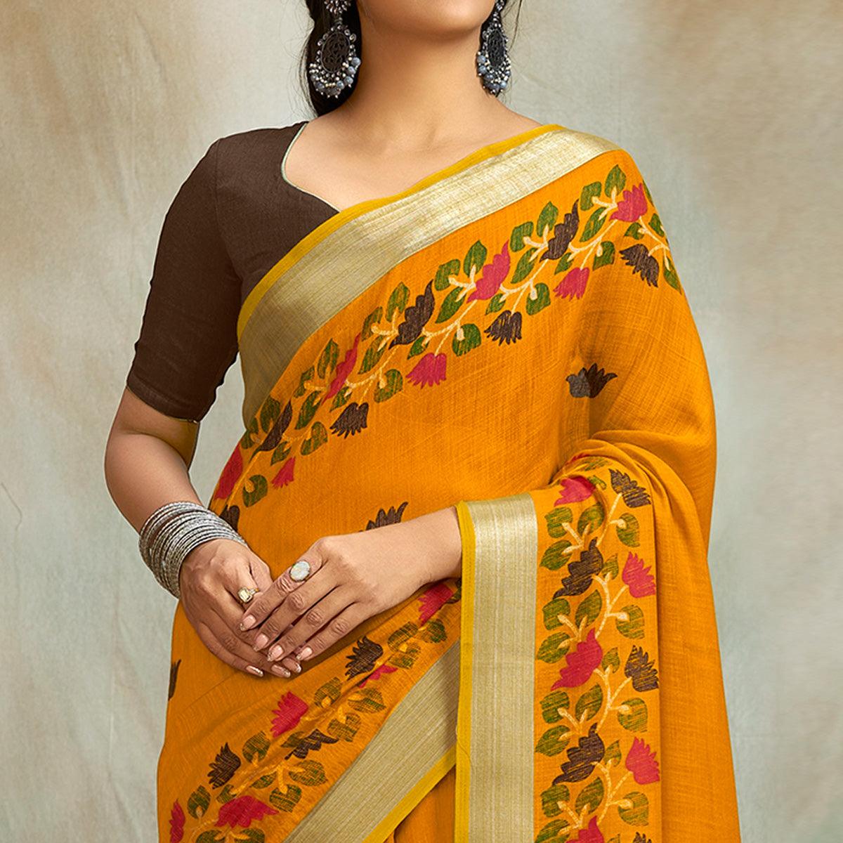Yellow Casual Wear Printed Pure Linen Saree - Peachmode