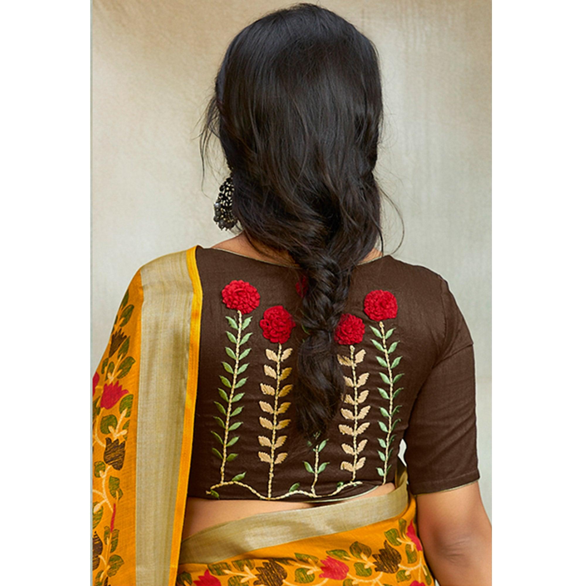 Yellow Casual Wear Printed Pure Linen Saree - Peachmode