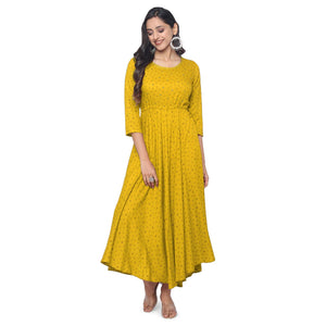 Yellow Casual Wear Printed Rayon Long Kurti - Peachmode