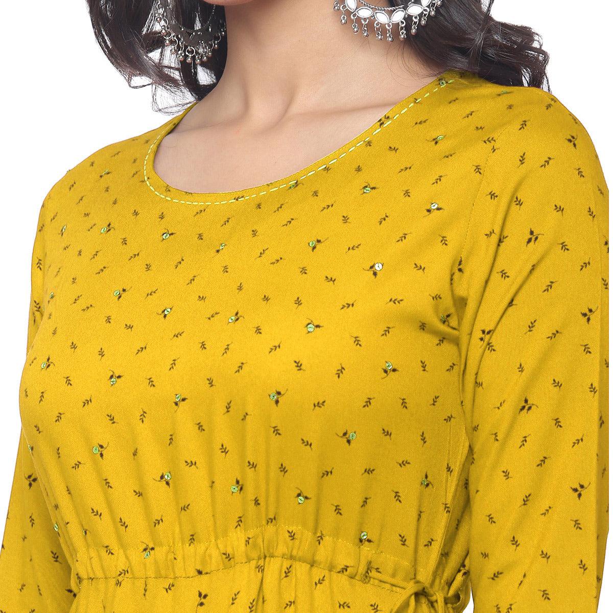 Yellow Casual Wear Printed Rayon Long Kurti - Peachmode