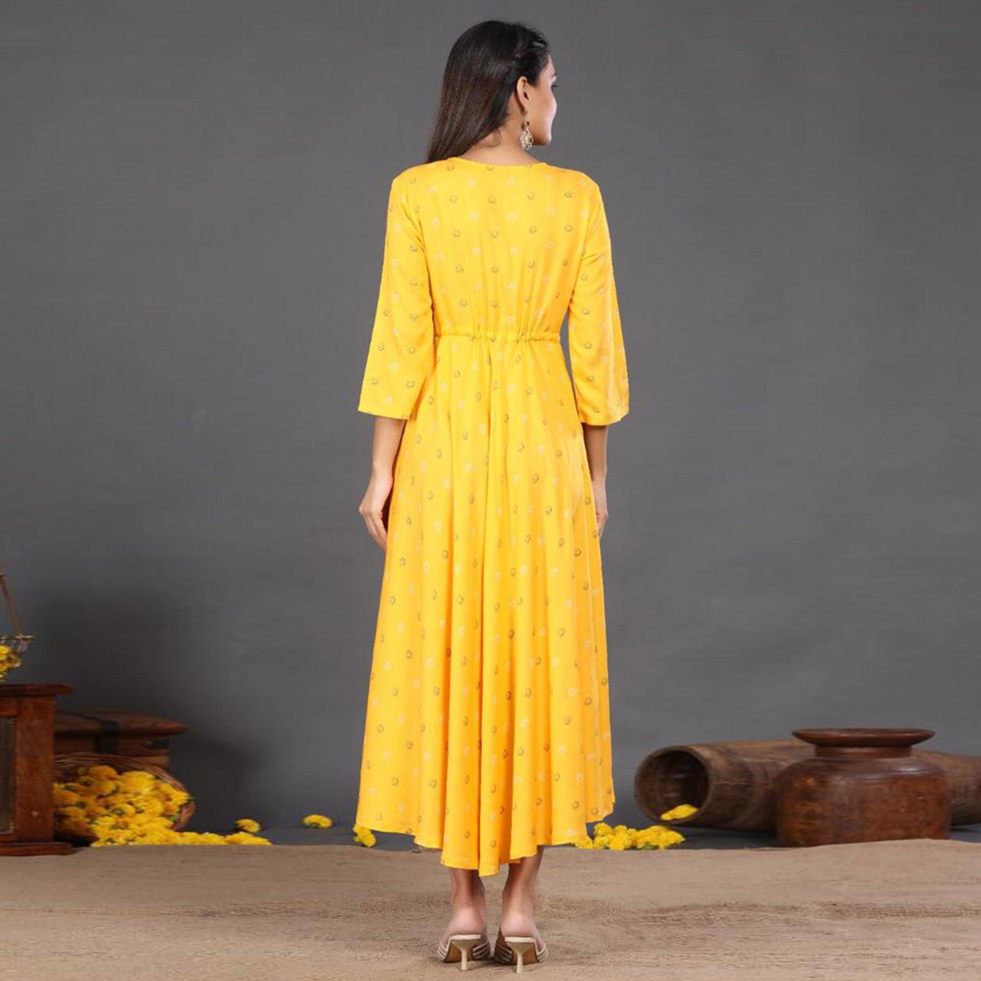 Yellow Casual Wear Printed Rayon Long Kurti - Peachmode