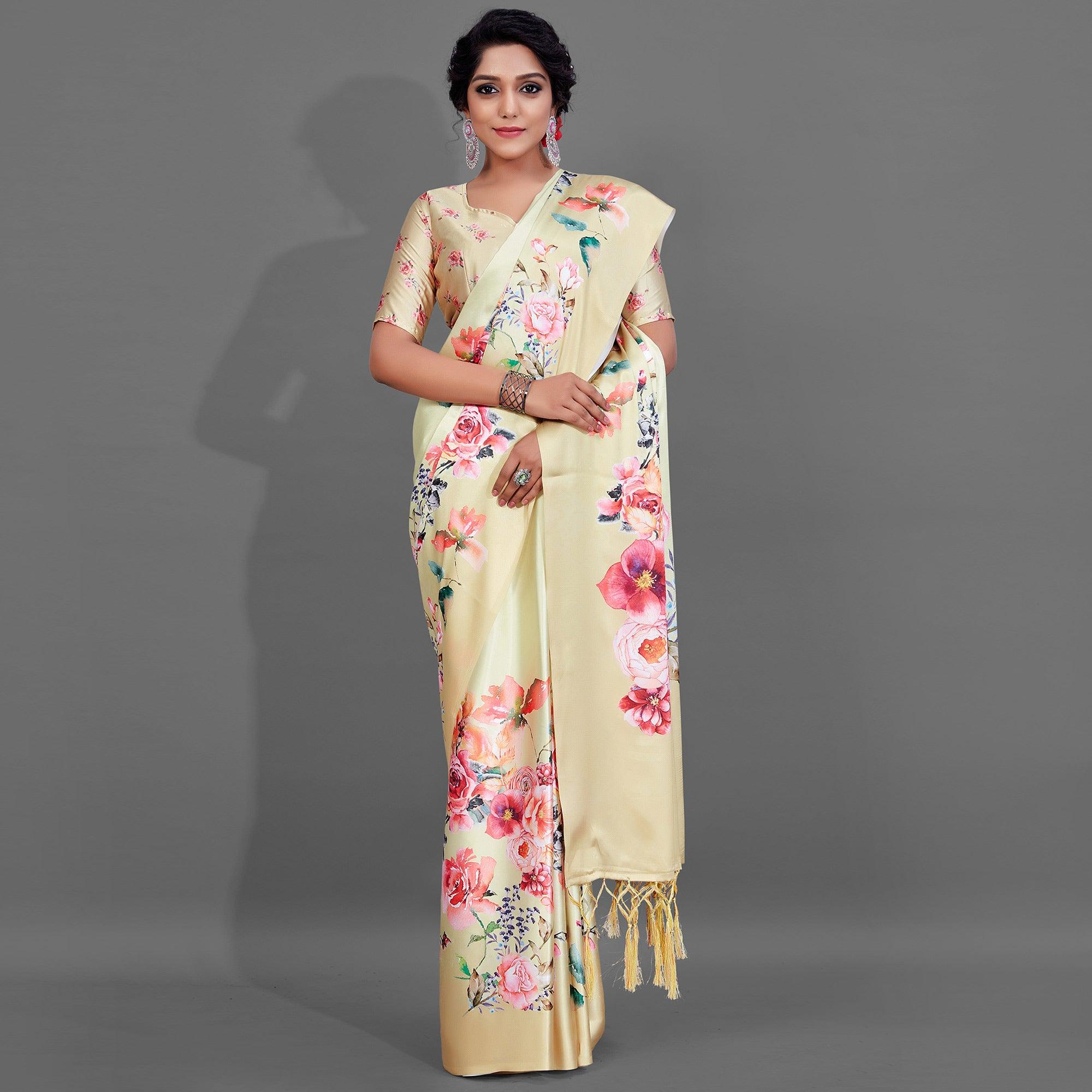 Yellow Casual Wear Printed Satin Silk Saree - Peachmode