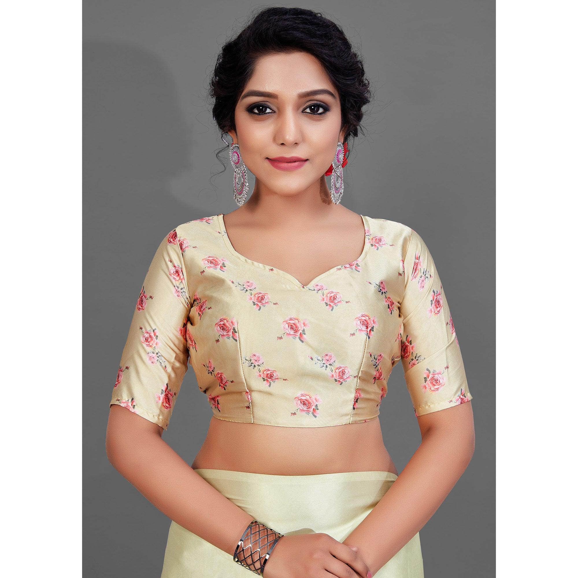 Yellow Casual Wear Printed Satin Silk Saree - Peachmode
