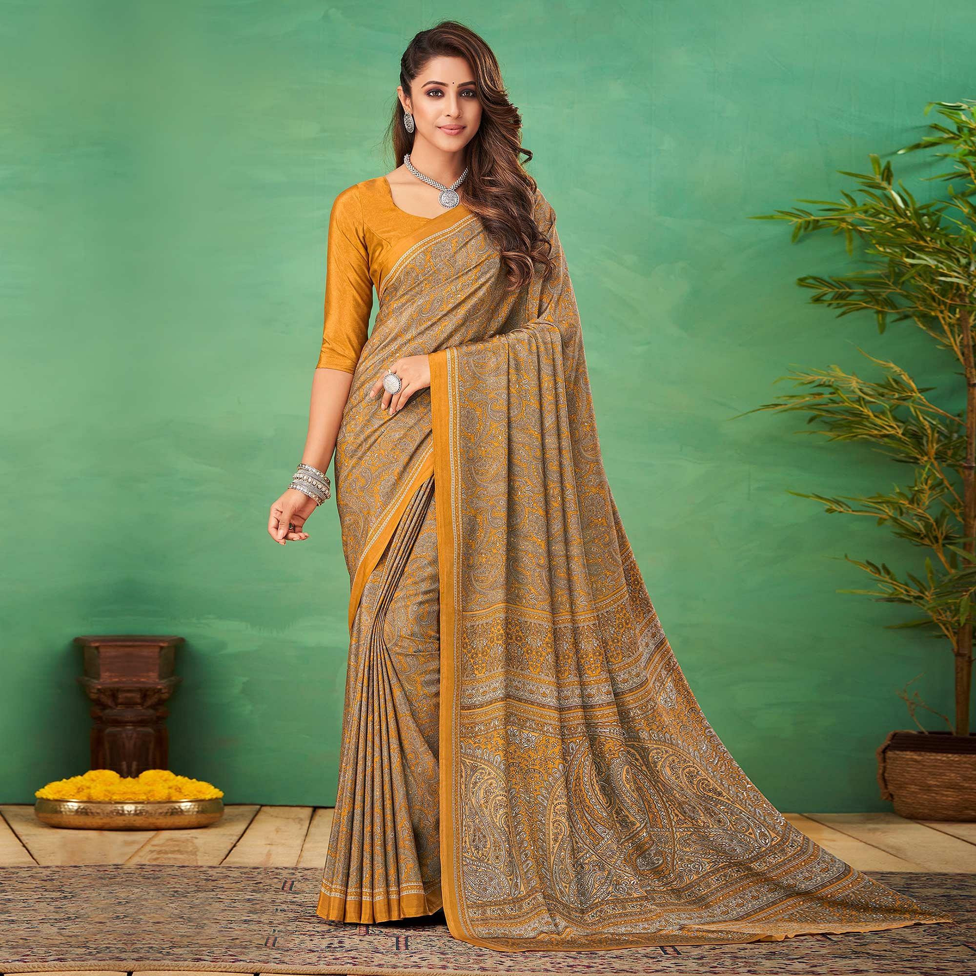 Yellow Casual Wear Printed Silk Saree - Peachmode