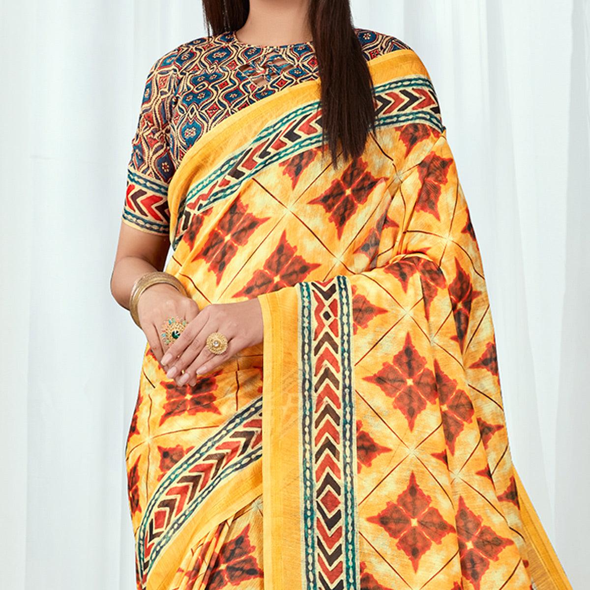 Yellow Casual Wear Printed Silk Saree - Peachmode
