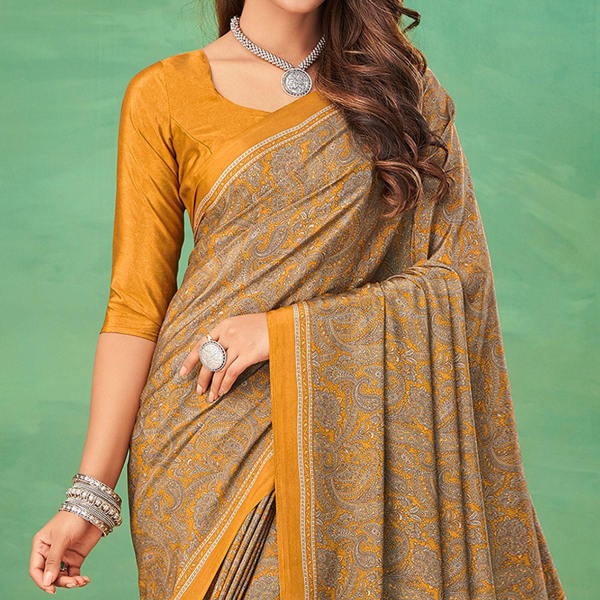 Yellow Casual Wear Printed Silk Saree - Peachmode