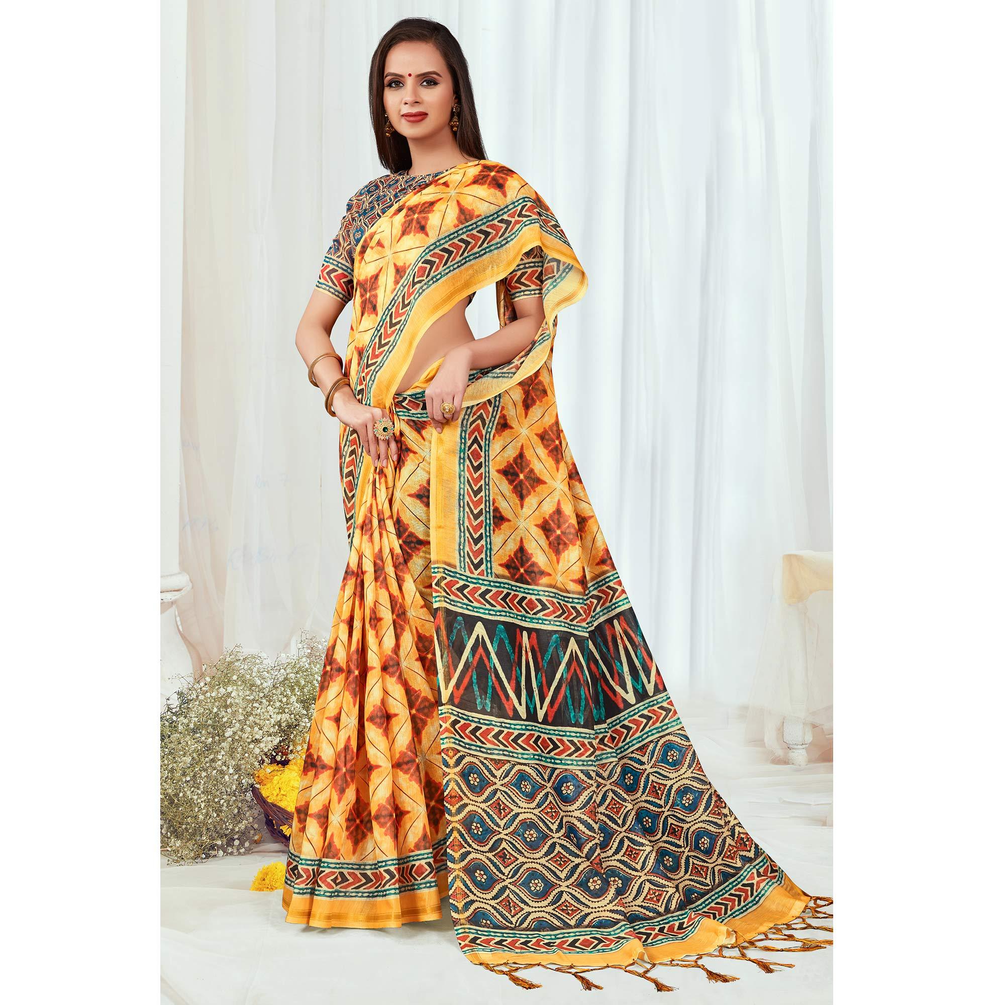 Yellow Casual Wear Printed Silk Saree - Peachmode