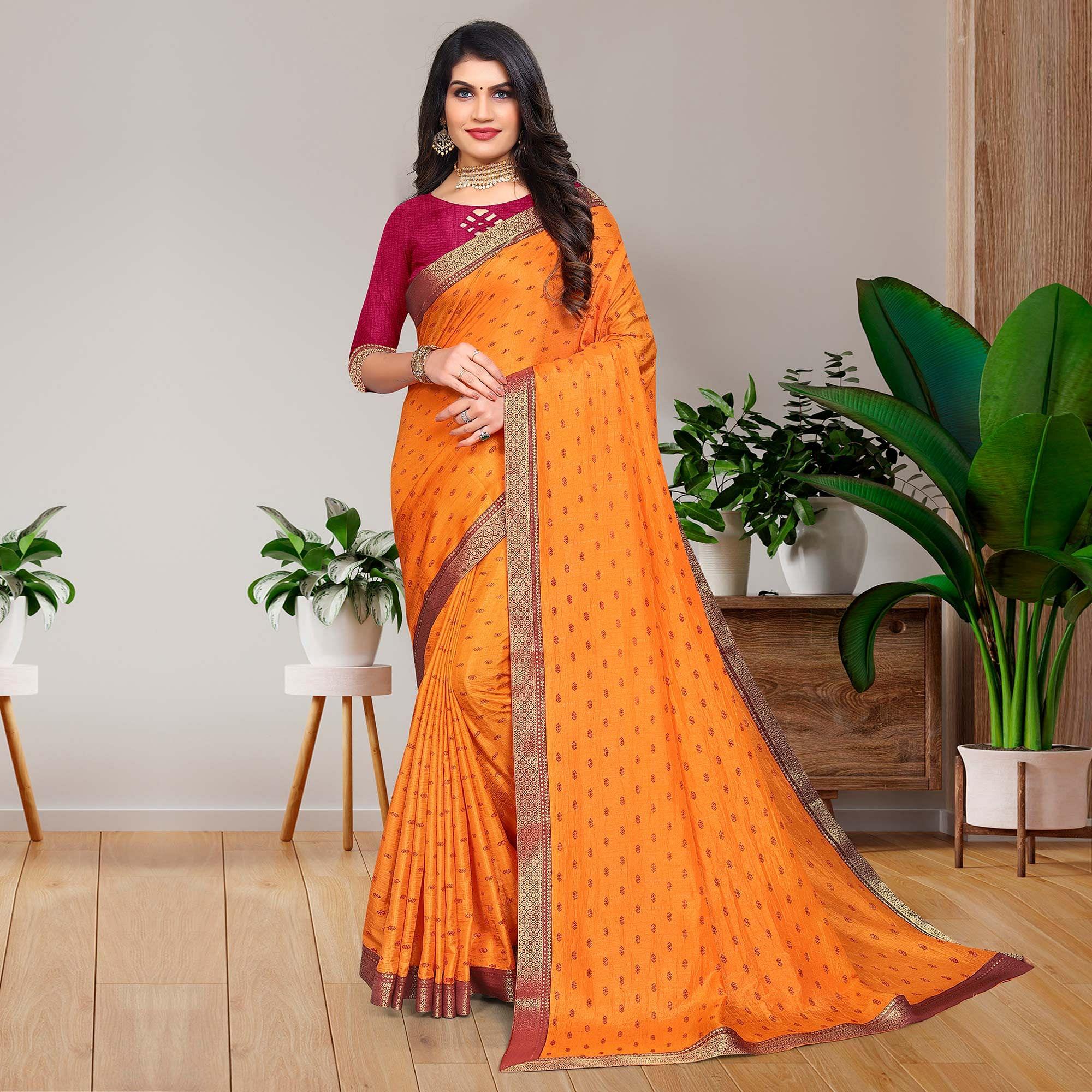 Yellow Casual Wear Printed Vichitra Silk Saree - Peachmode
