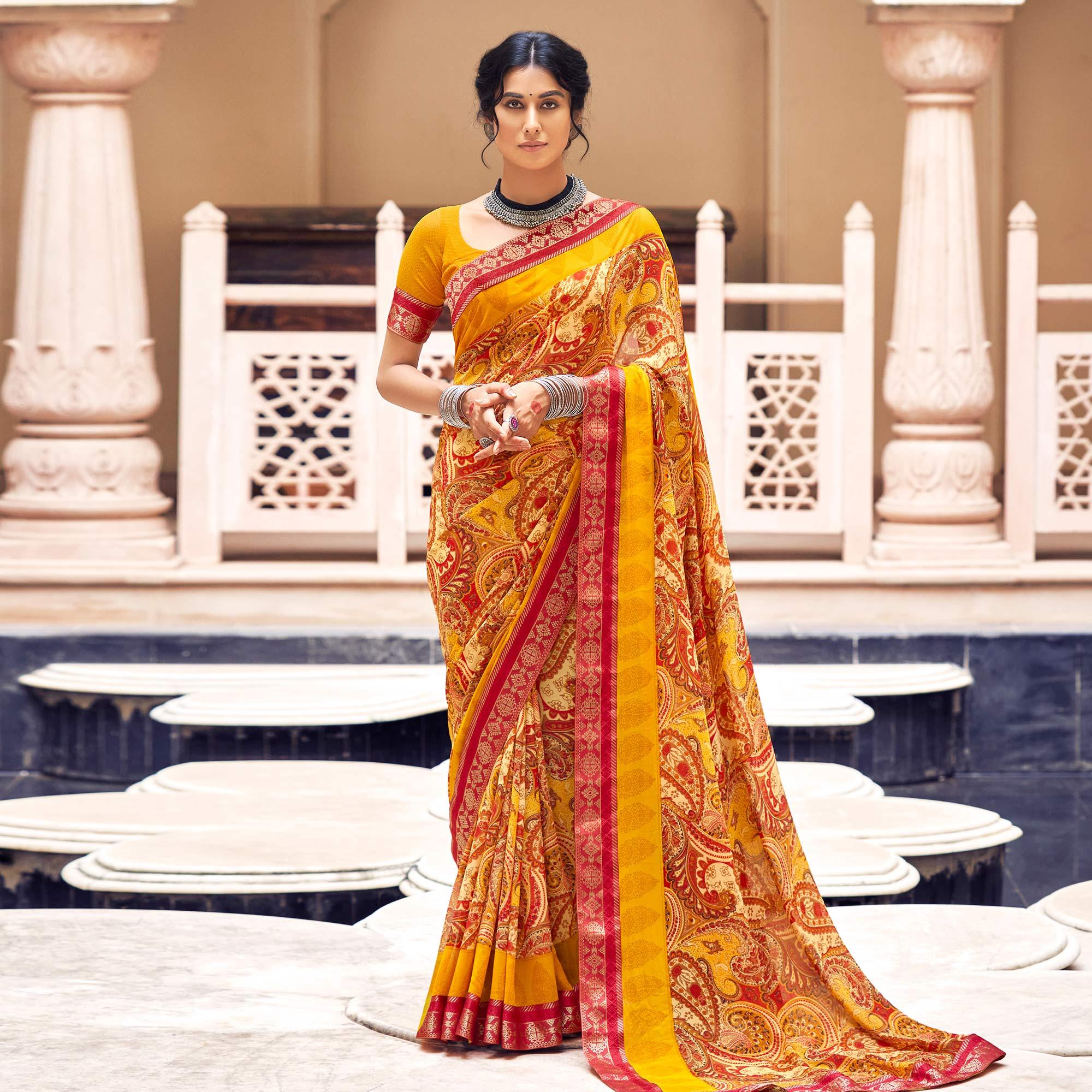 Yellow Casual Wear Printed Weightless Georgette Saree - Peachmode