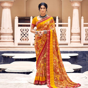 Yellow Casual Wear Printed Weightless Georgette Saree - Peachmode