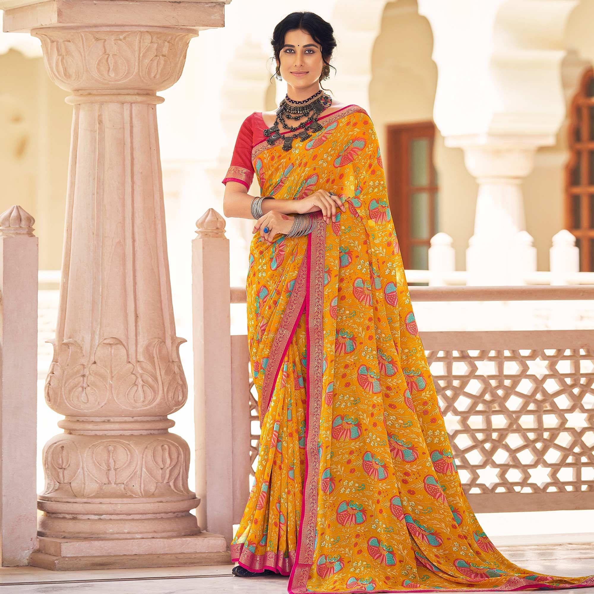 Yellow Casual Wear Printed Weightless Georgette Saree - Peachmode