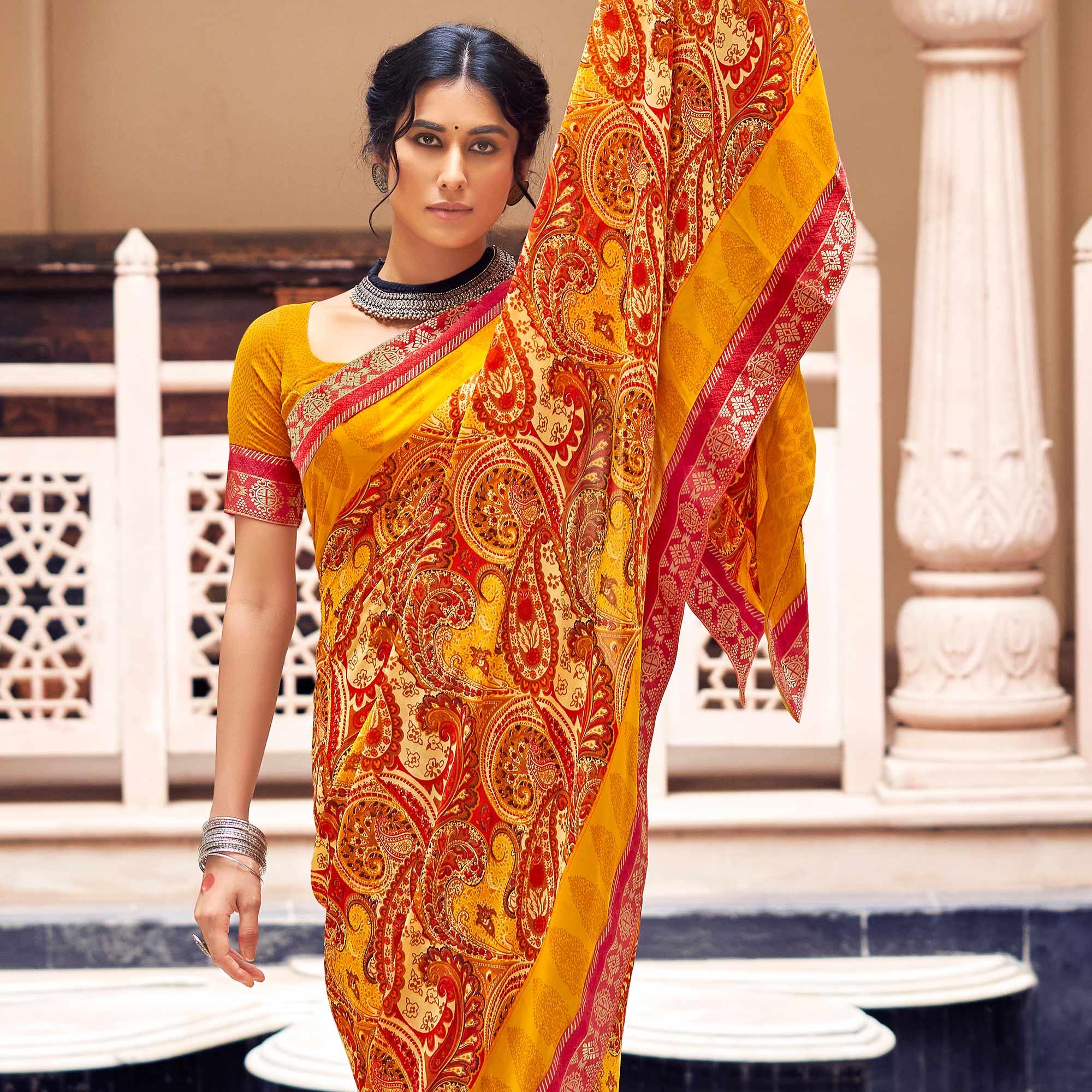 Yellow Casual Wear Printed Weightless Georgette Saree - Peachmode