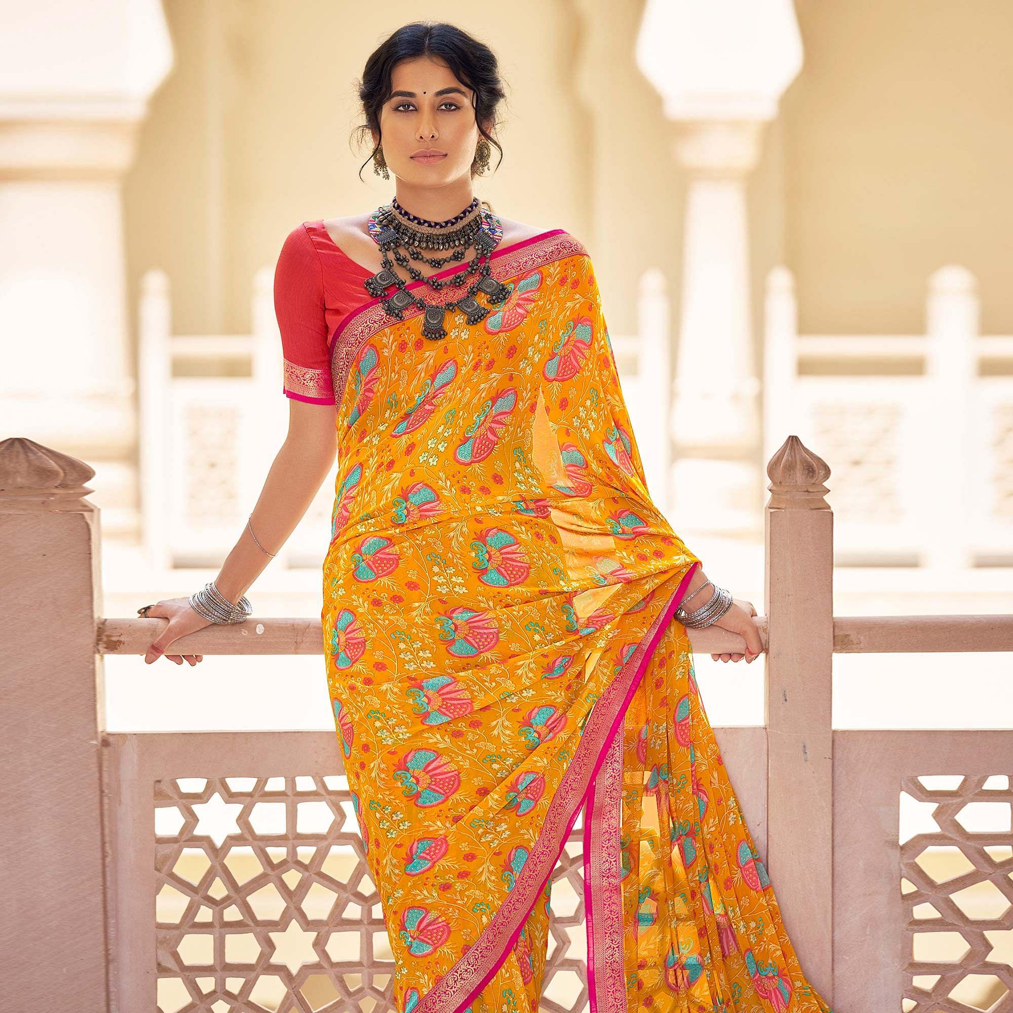 Yellow Casual Wear Printed Weightless Georgette Saree - Peachmode