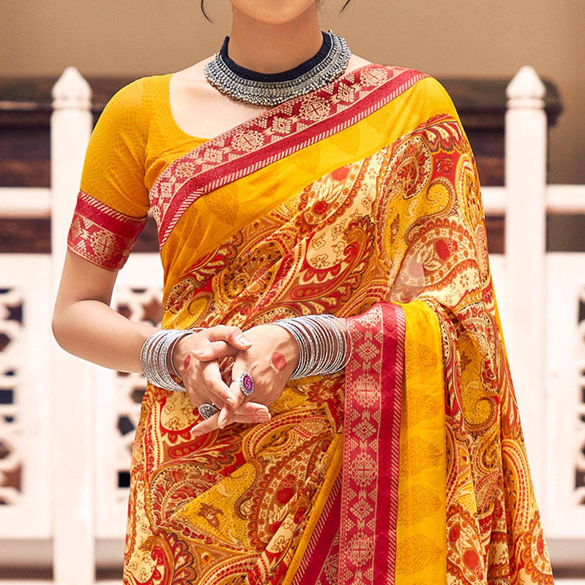 Yellow Casual Wear Printed Weightless Georgette Saree - Peachmode