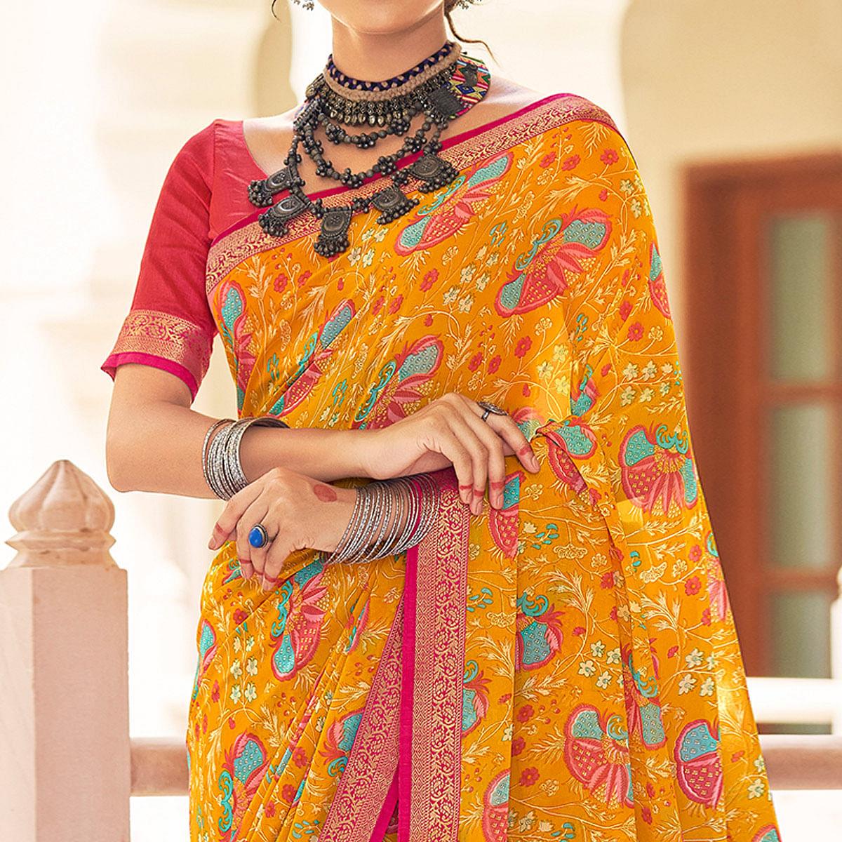Yellow Casual Wear Printed Weightless Georgette Saree - Peachmode