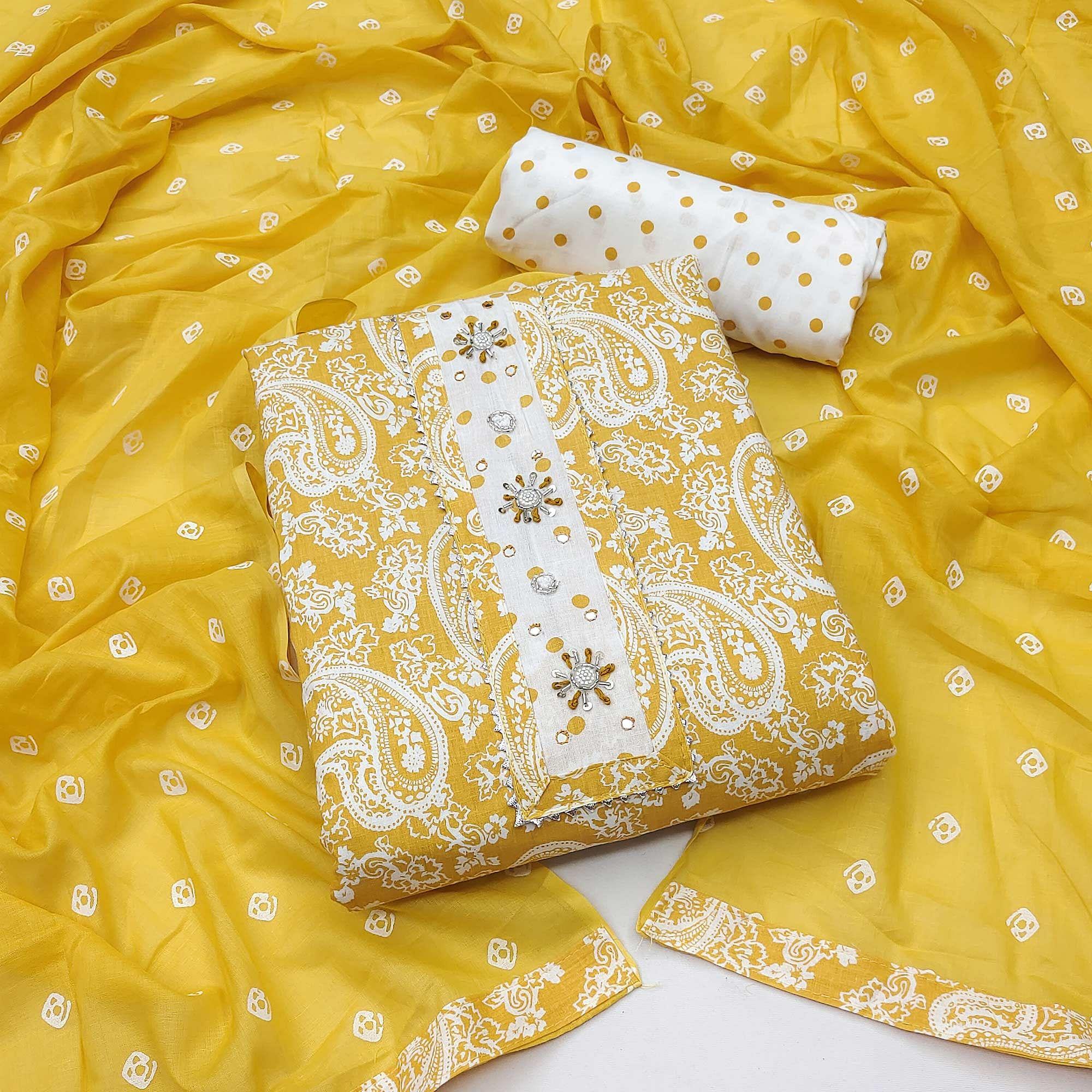 Yellow Casual Wear Printed With Embellished Cotton Dress Material - Peachmode