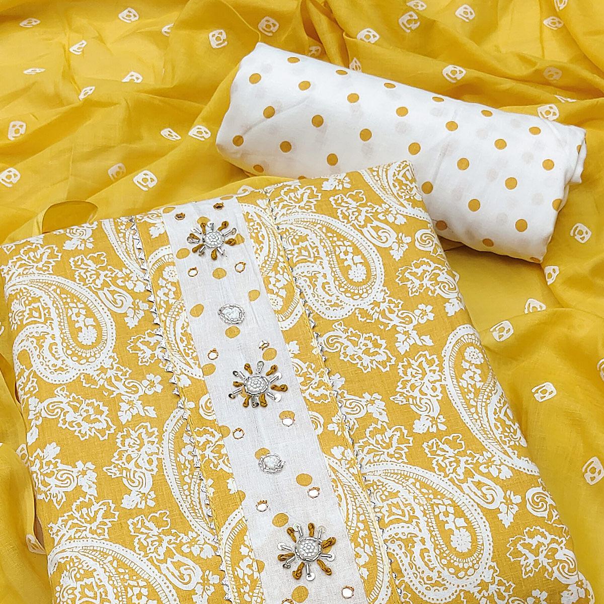 Yellow Casual Wear Printed With Embellished Cotton Dress Material - Peachmode