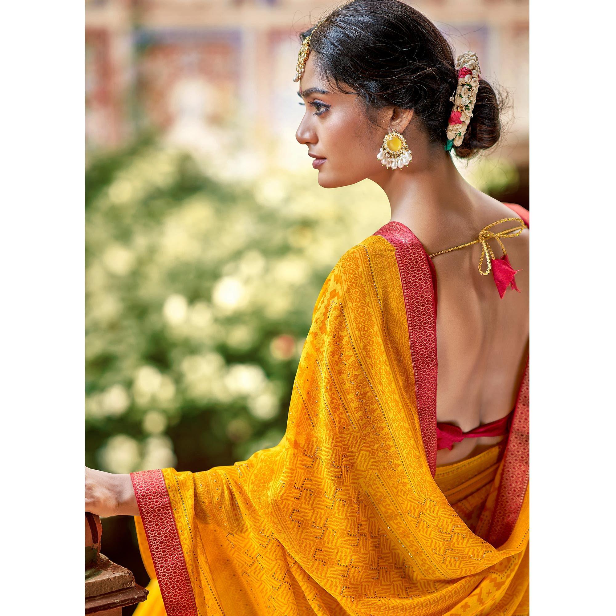 Yellow Casual Wear Printed With Fancy Lace Georgette Saree - Peachmode