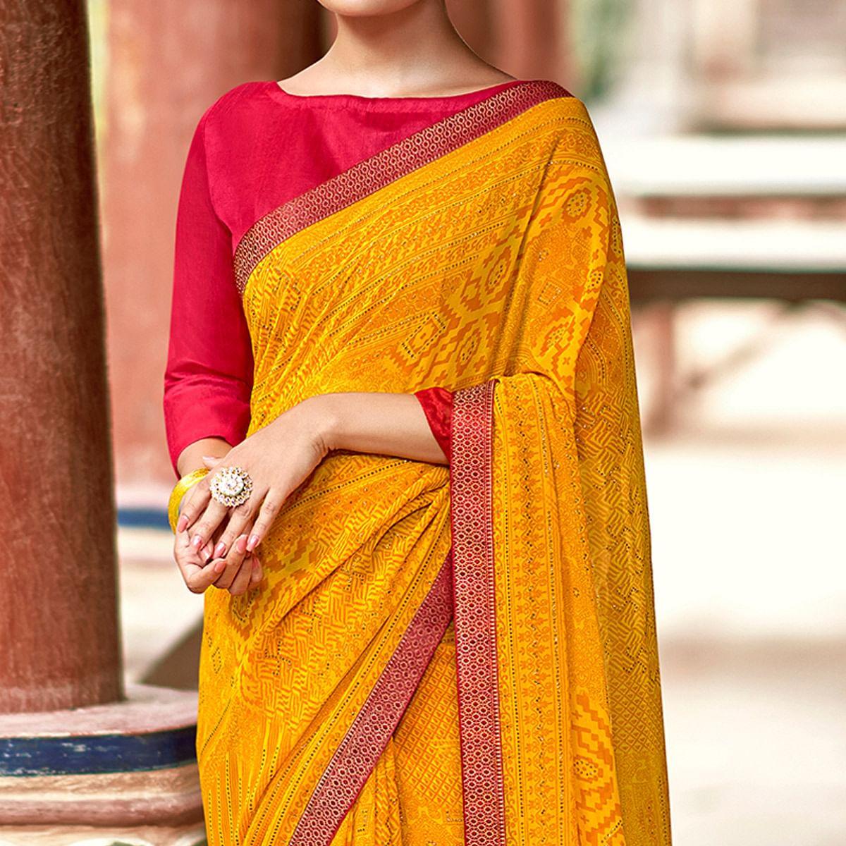 Yellow Casual Wear Printed With Fancy Lace Georgette Saree - Peachmode