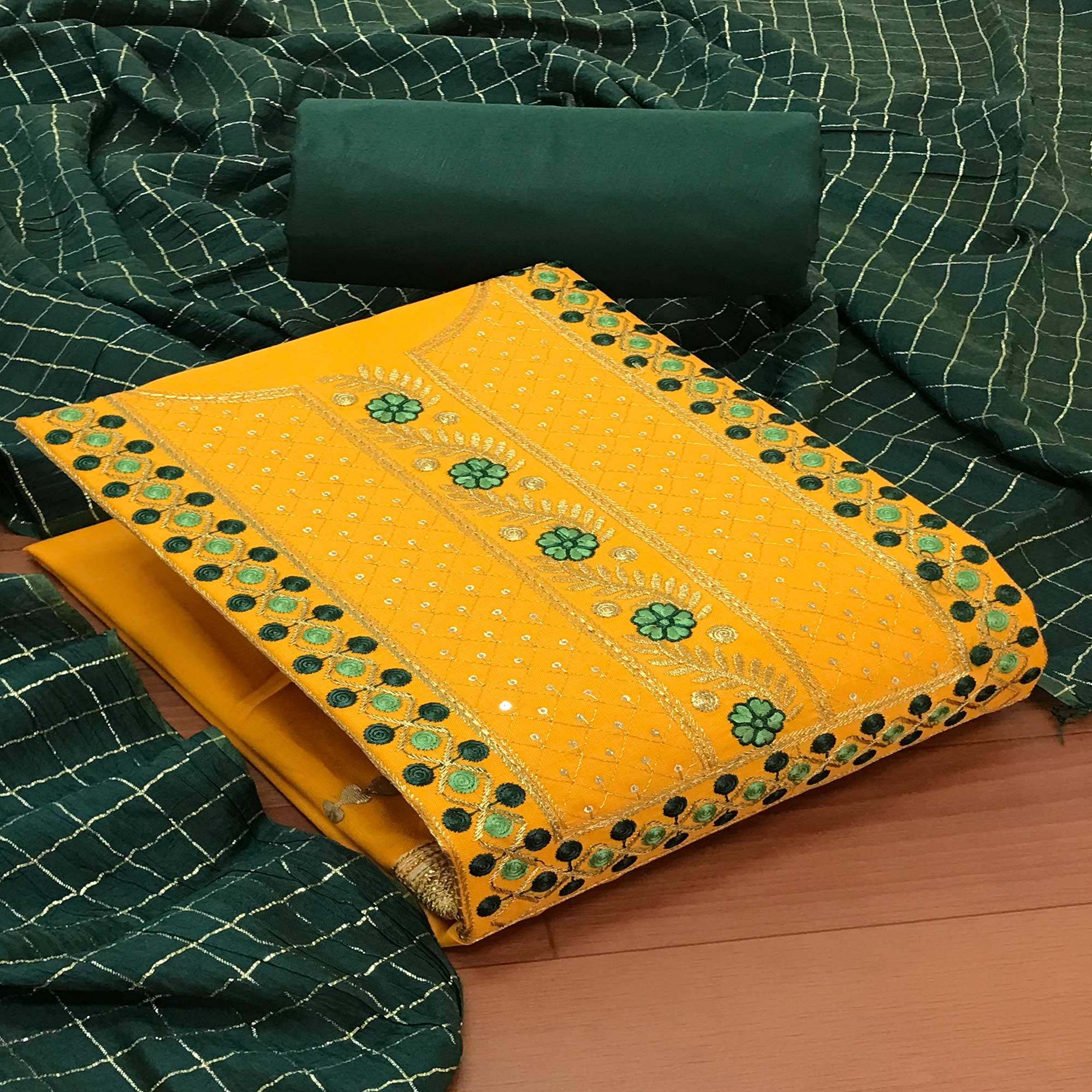 Yellow Casual Wear Sequence Embroidered Cotton Dress Material - Peachmode