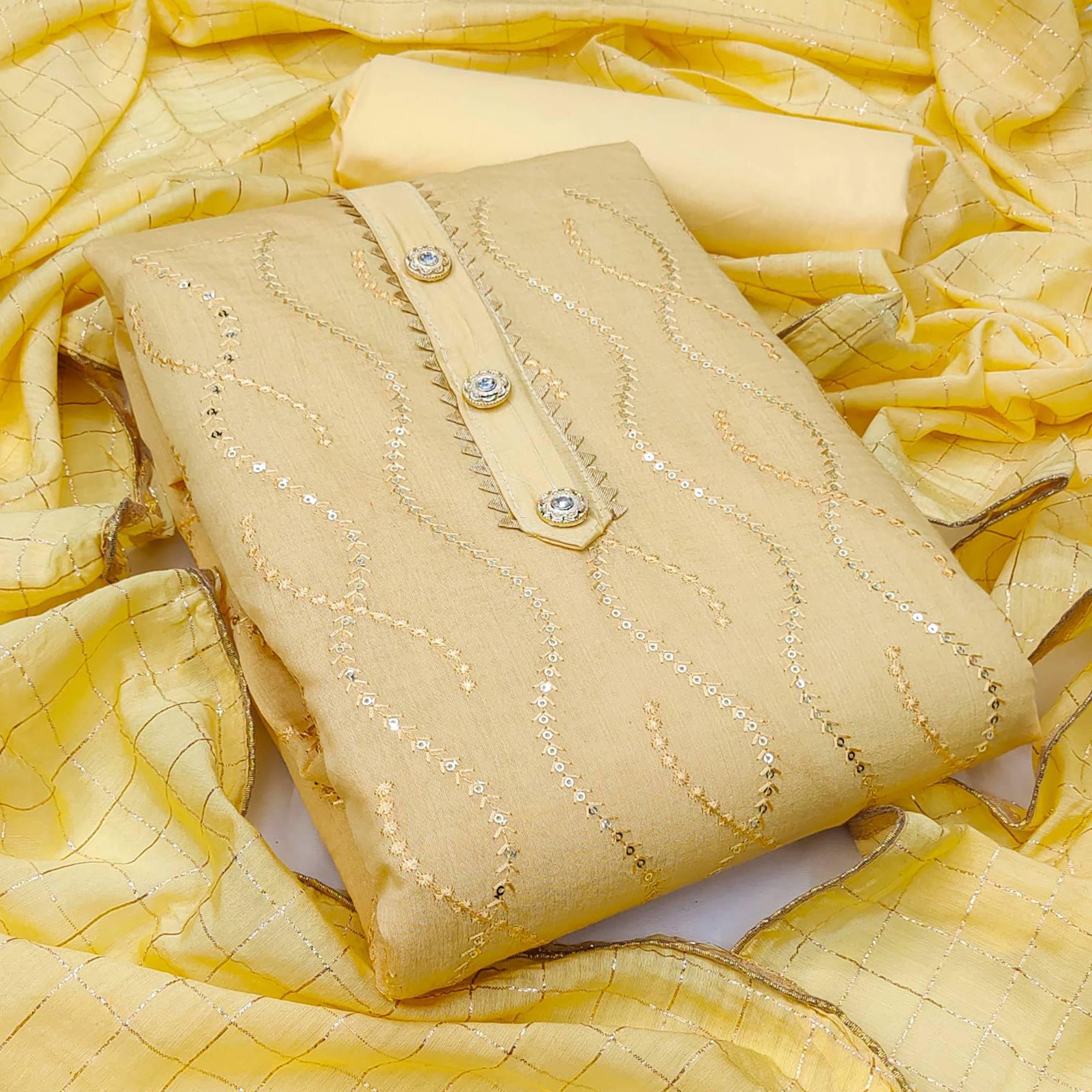Yellow Casual Wear Sequence Embroidered Dola Silk Dress Material - Peachmode