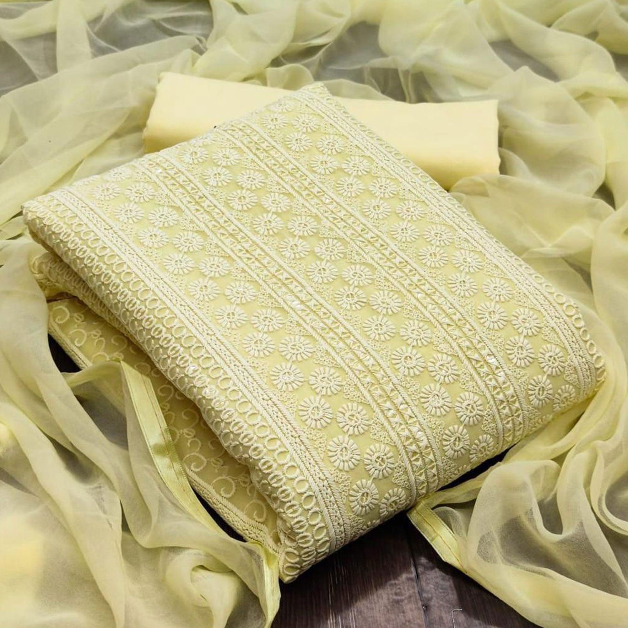 Yellow Casual Wear Sequence Embroidered Georgette Dress Material - Peachmode