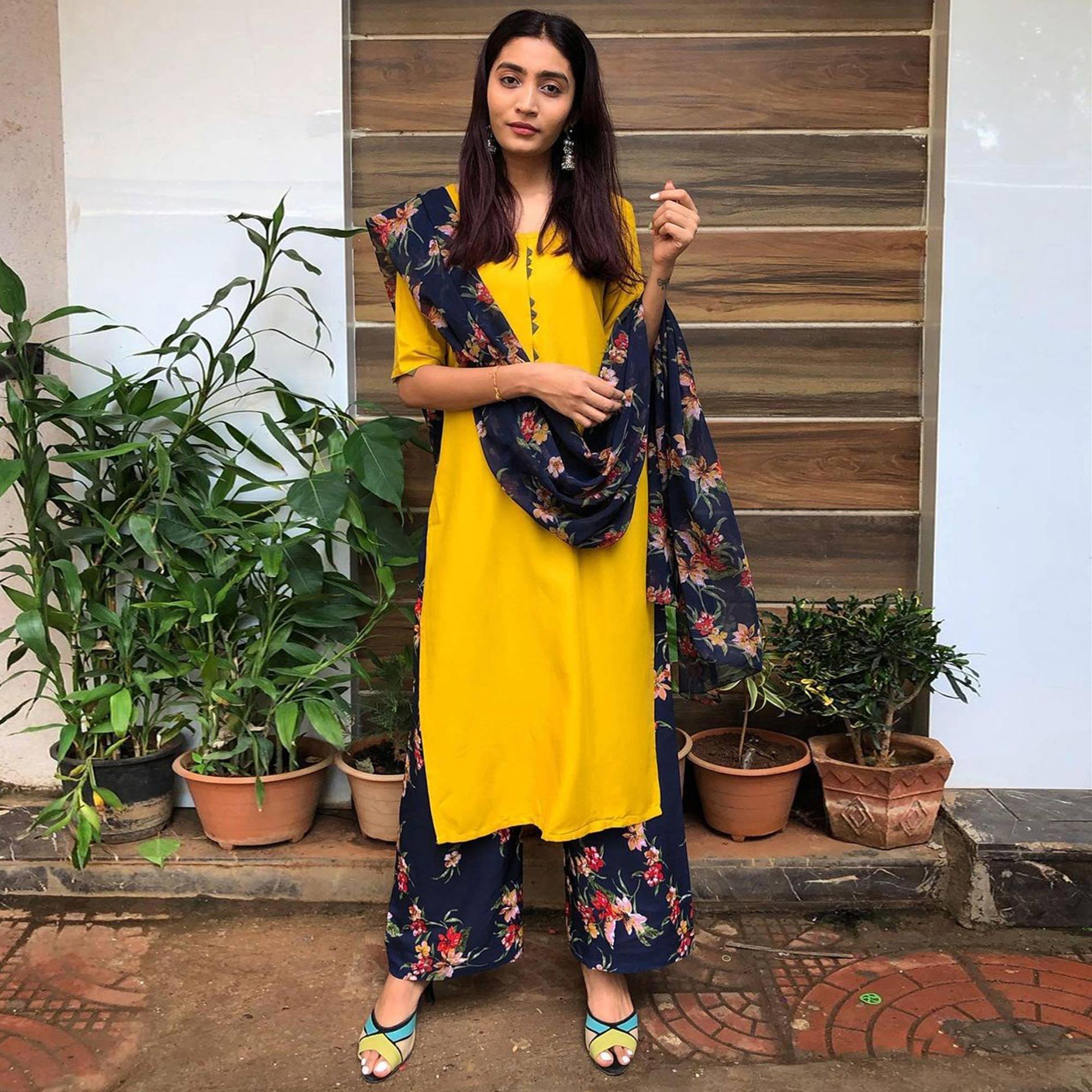 Yellow Casual Wear Solid Rayon Suit - Peachmode