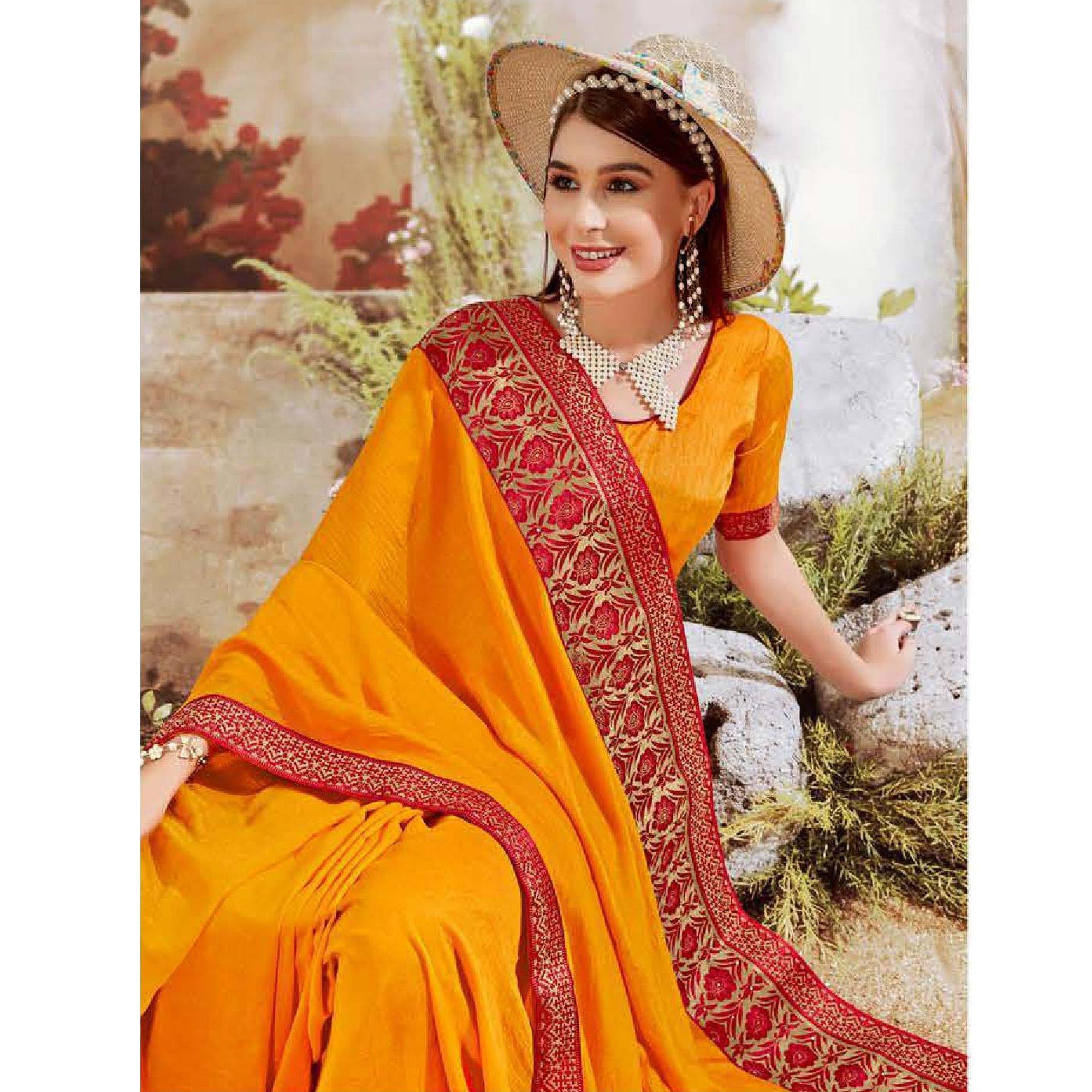 Yellow Casual Wear Solid Silk Saree With Fancy Border - Peachmode