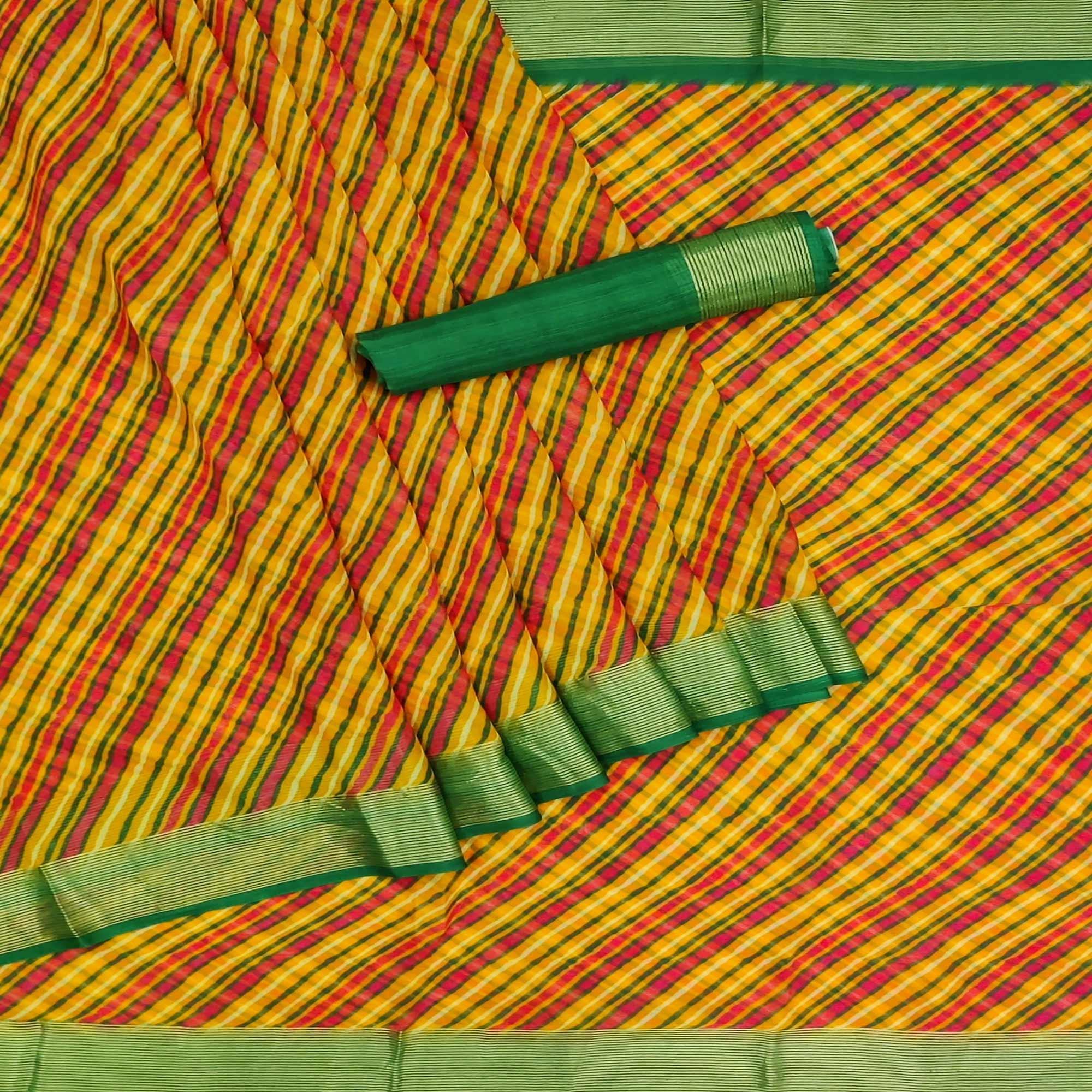 Yellow Casual Wear Stripe Printed Chiffon Saree - Peachmode