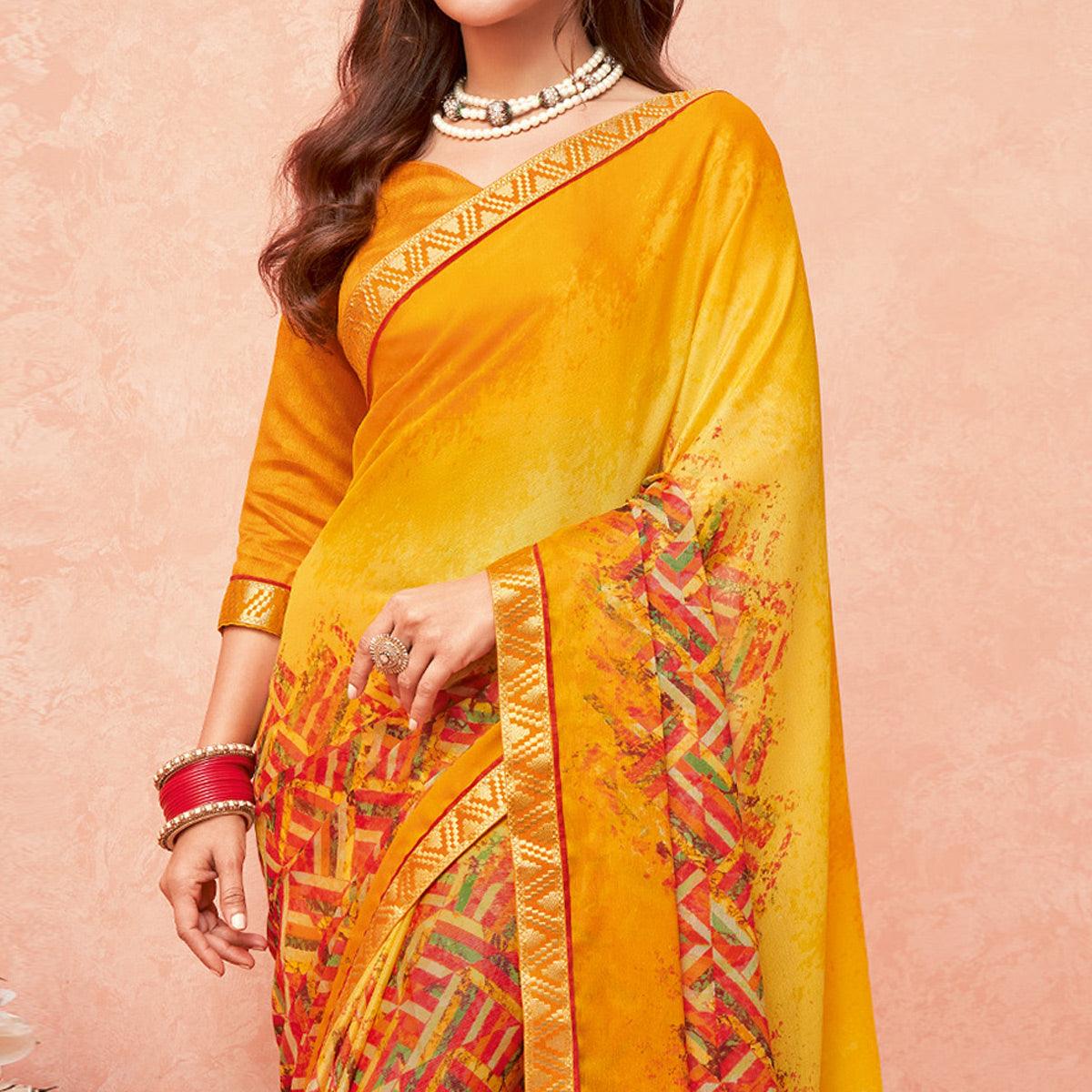 Yellow Casual Wear Striped Printed Chiffon-Banarsi Saree With Banarasi Border - Peachmode