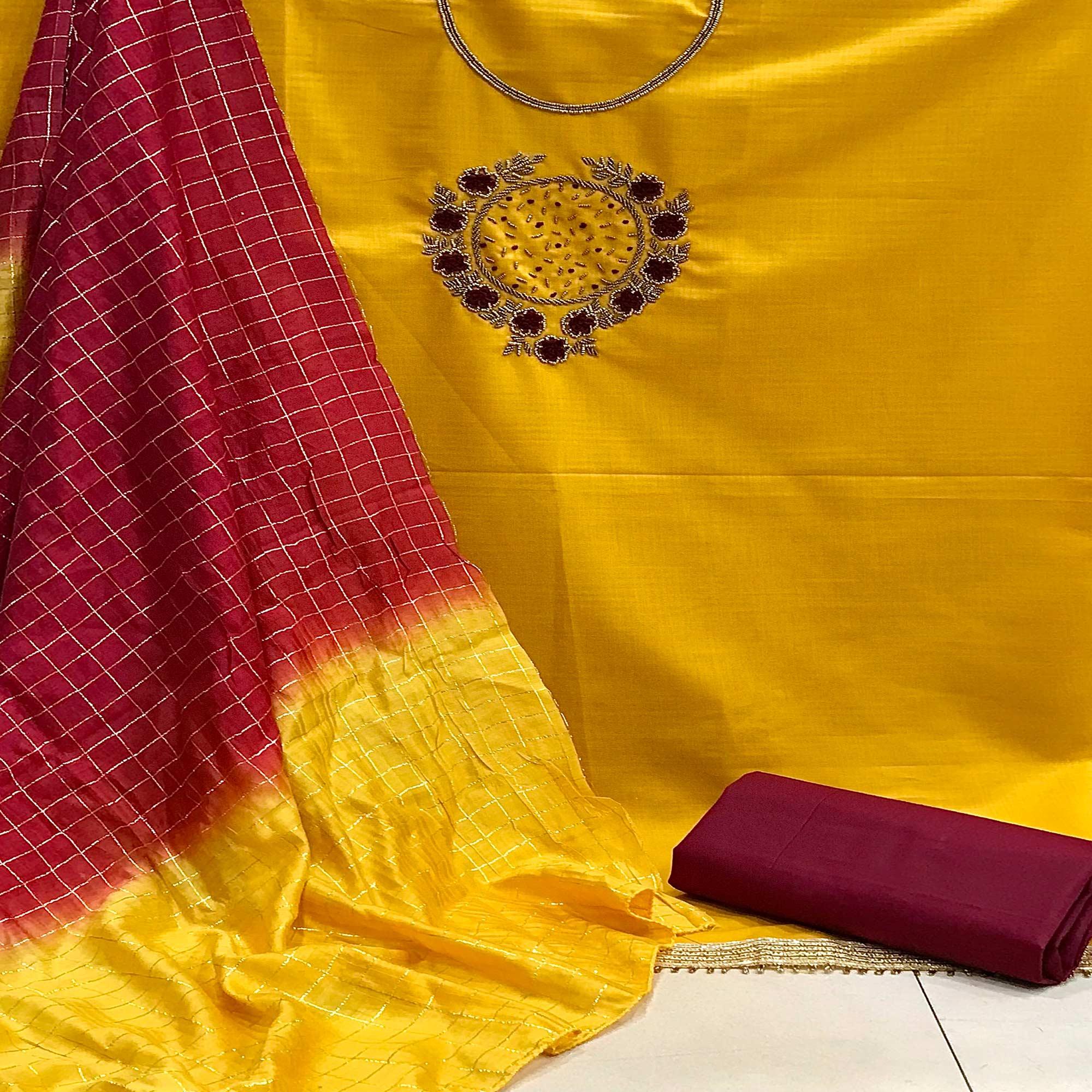 Yellow Casual Wear Thread Beads Khatli Work Cotton Dress Material - Peachmode