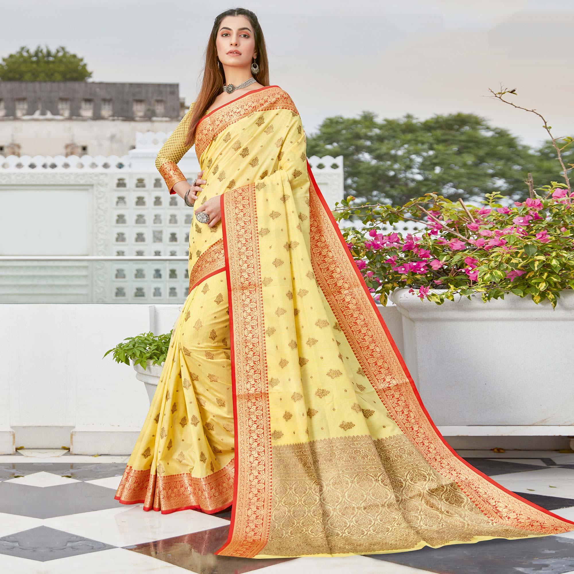 Yellow Casual Wear Woven Cotton Handloom Saree - Peachmode