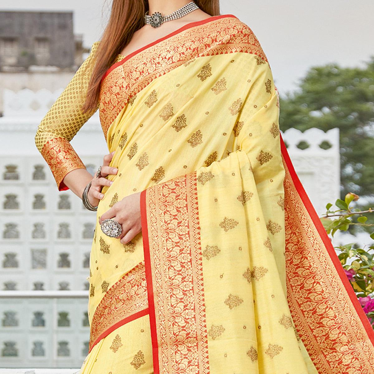 Yellow Casual Wear Woven Cotton Handloom Saree - Peachmode